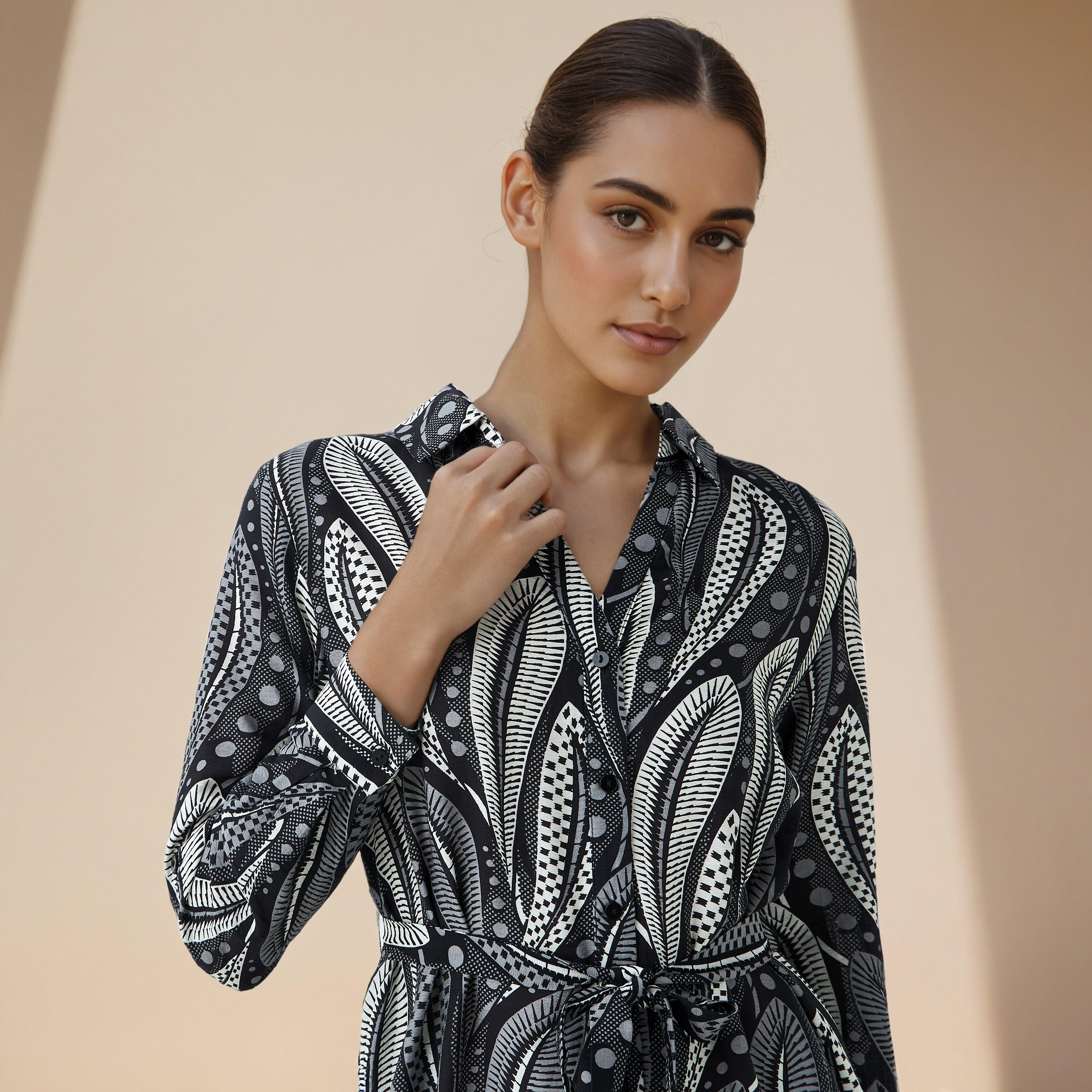 Printed Knee Length Shirt Belted Dress-women-clothing-dresses-image-4