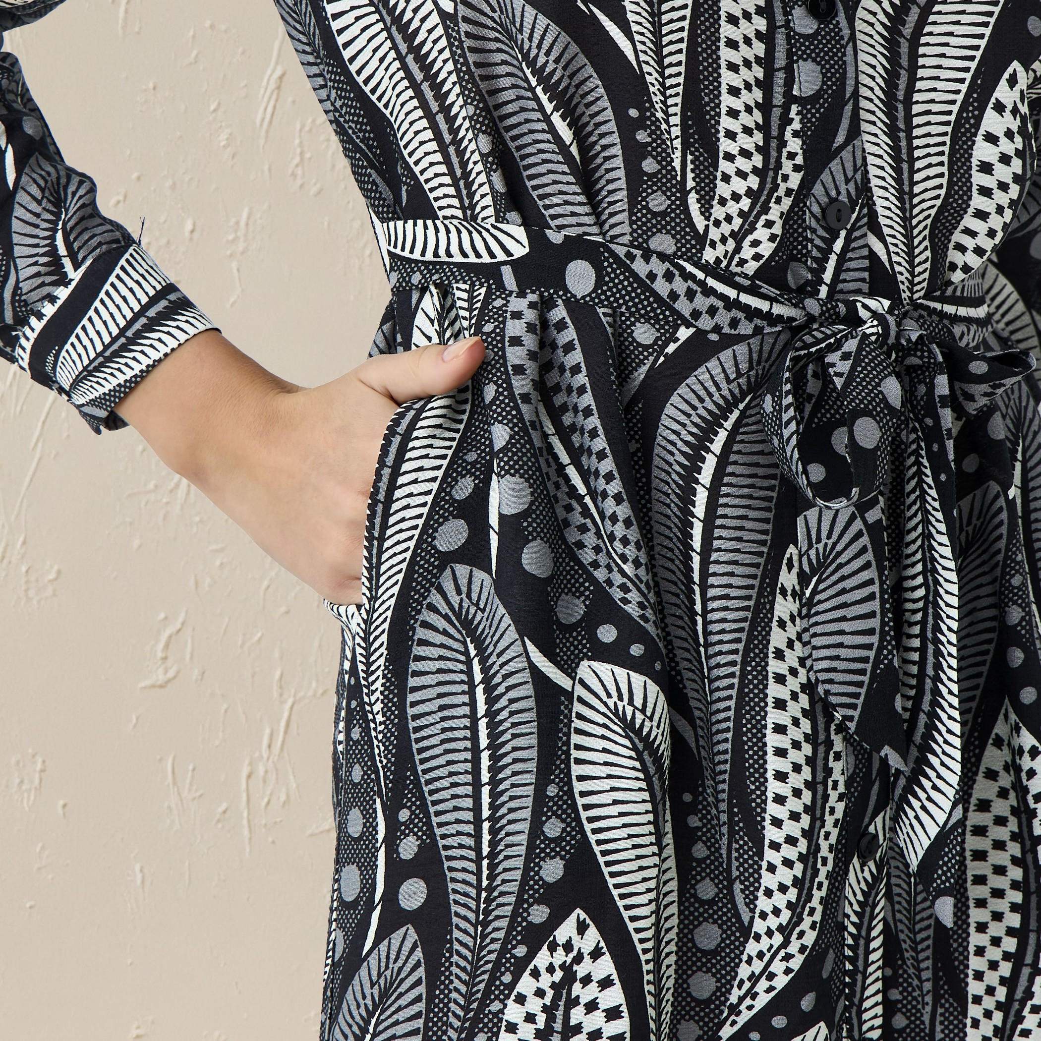 Printed Knee Length Shirt Belted Dress-women-clothing-dresses-image-5