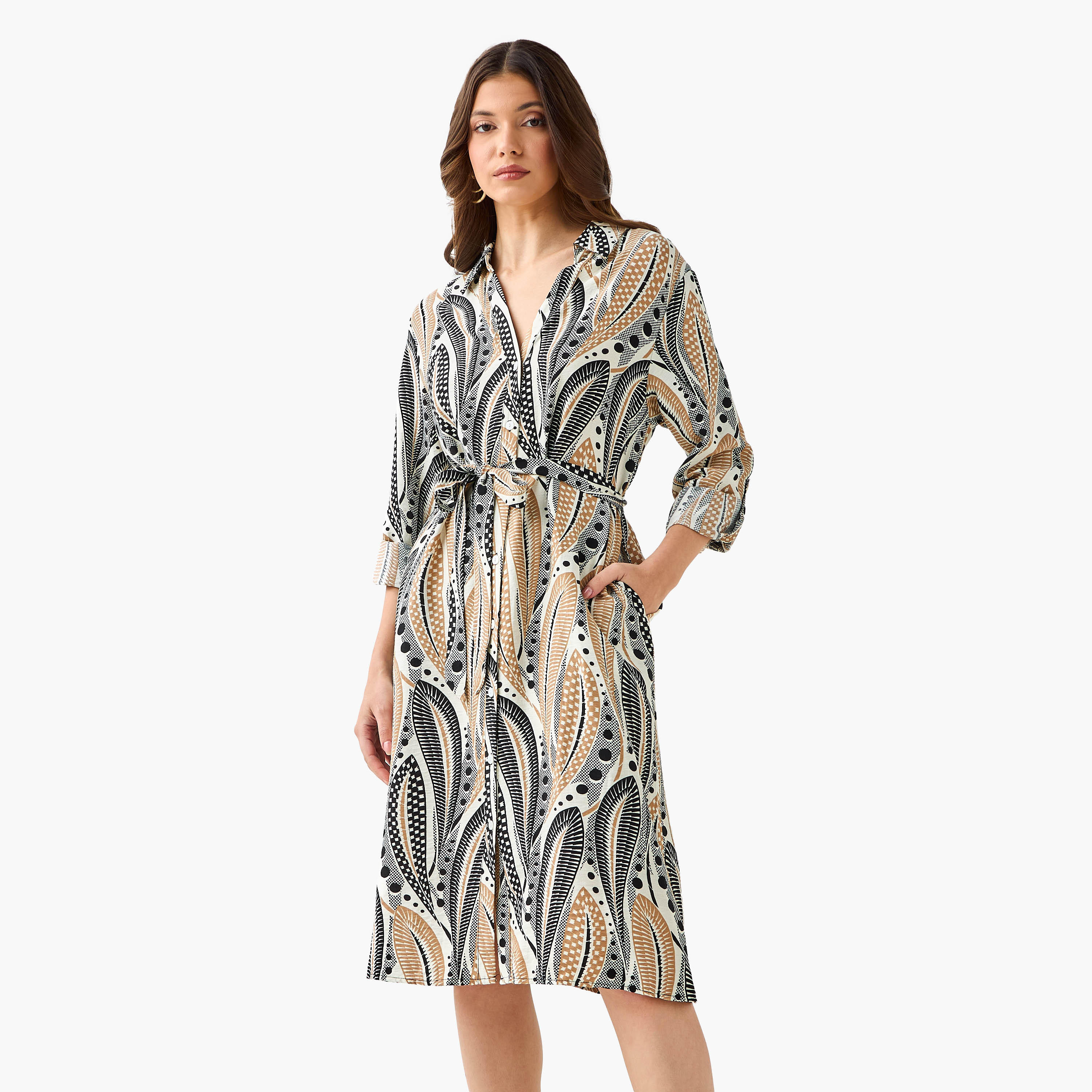 فستان قميص طول الركبة بحزام وطبعات-women-clothing-dresses-image-5