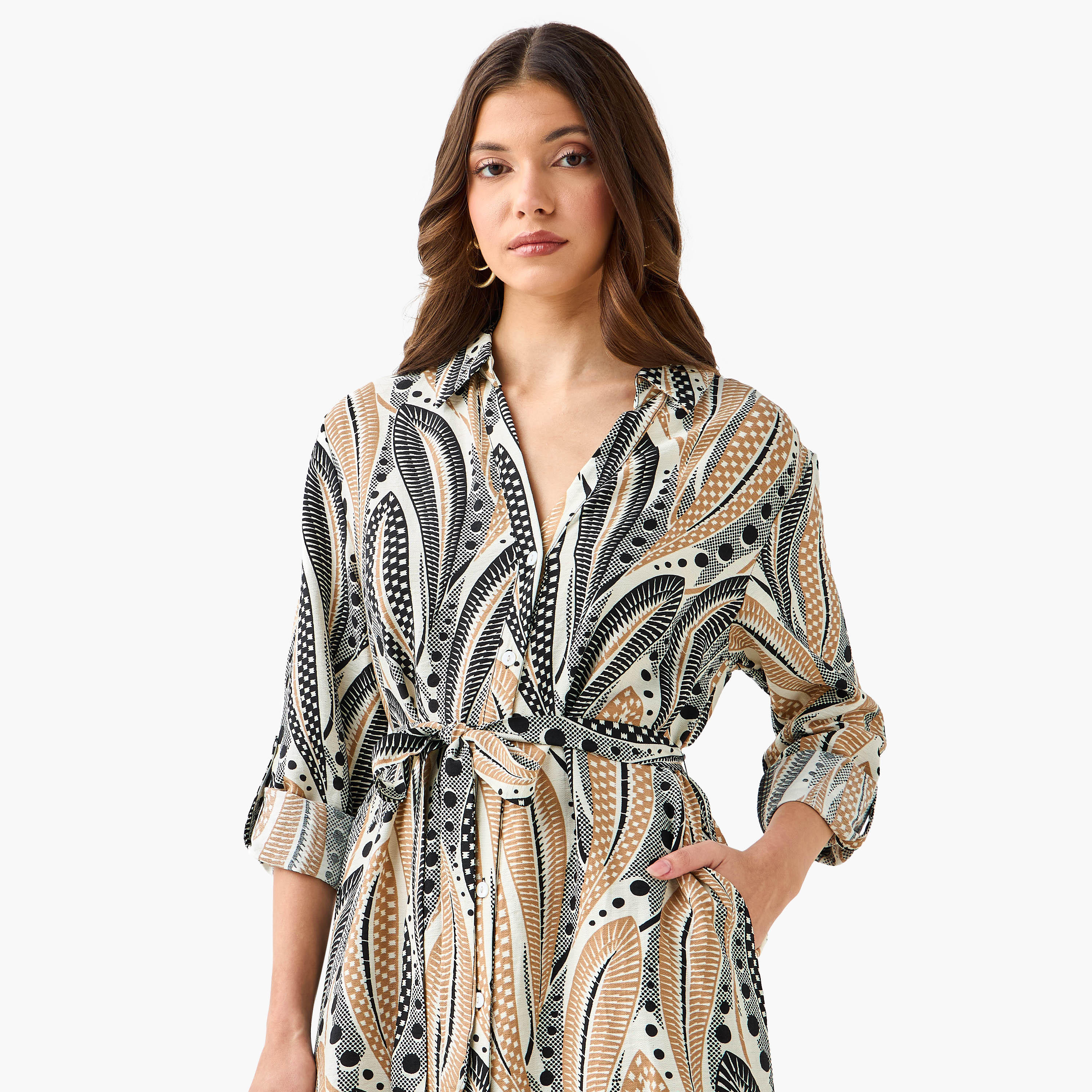 فستان قميص طول الركبة بحزام وطبعات-women-clothing-dresses-image-2