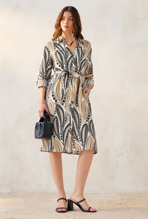 فستان قميص طول الركبة بحزام وطبعات-women-clothing-image-1