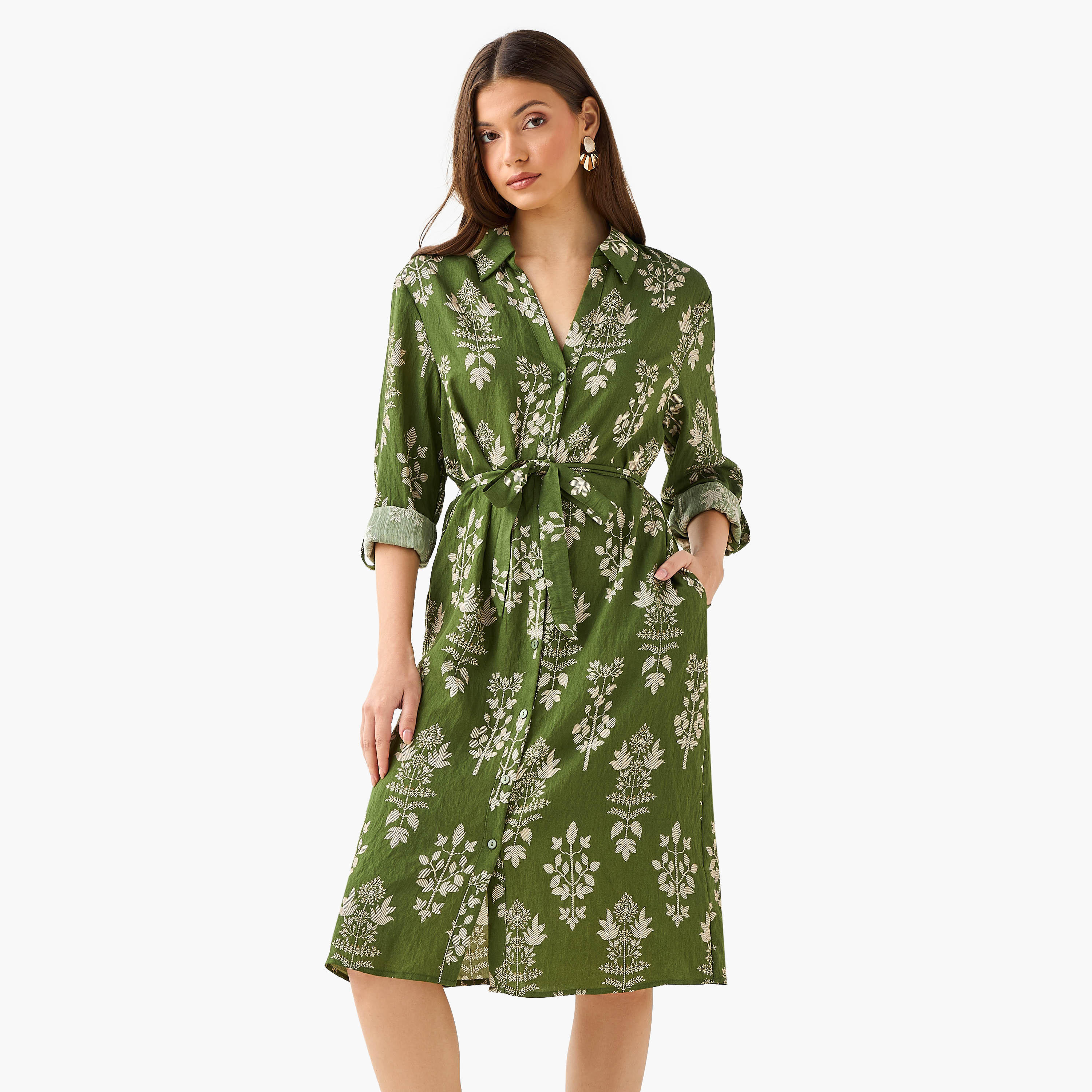 فستان قميص بطول الركبة وبحزام وطبعات زهرية-women-clothing-dresses-image-2