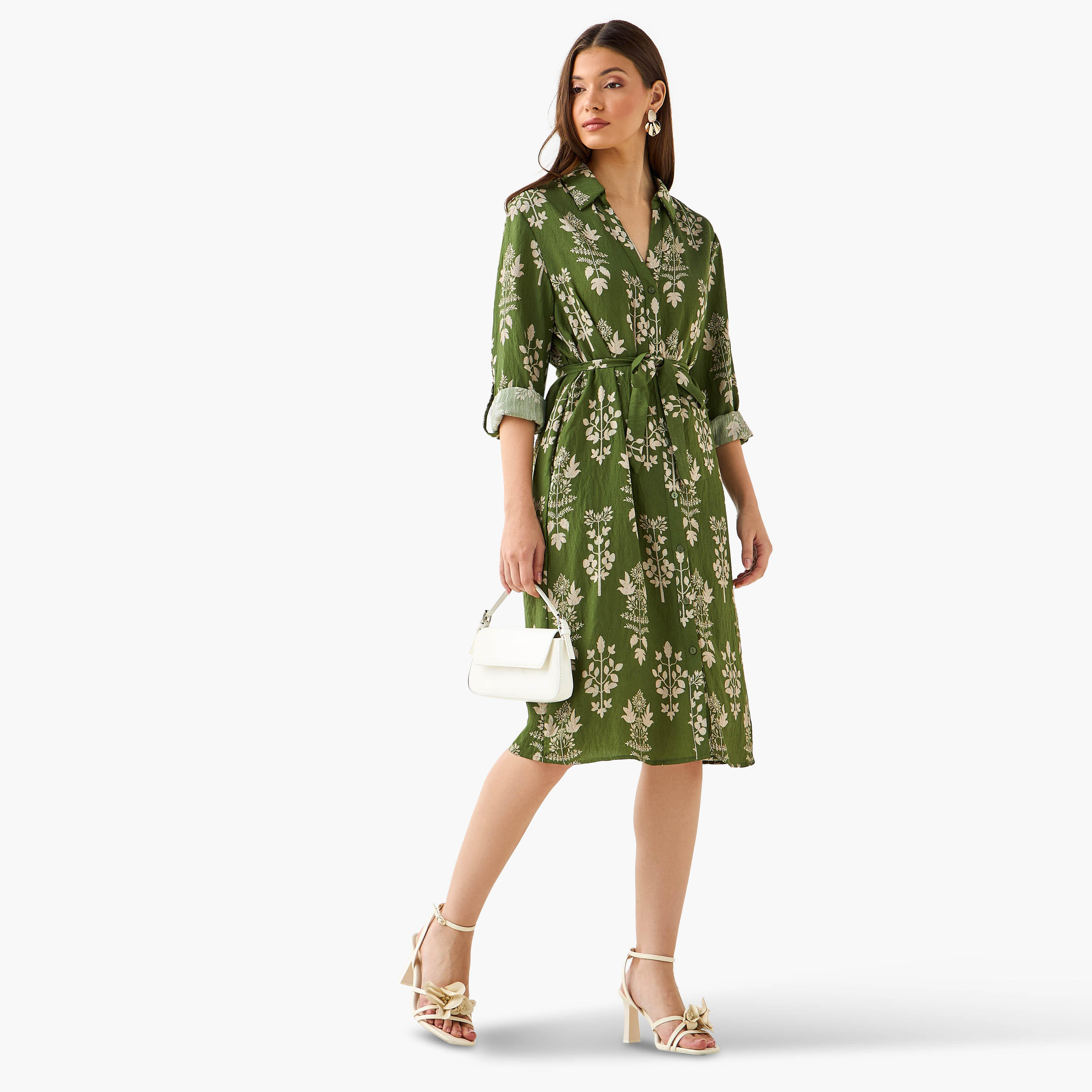 فستان قميص بطول الركبة وبحزام وطبعات زهرية-women-clothing-dresses-image-3