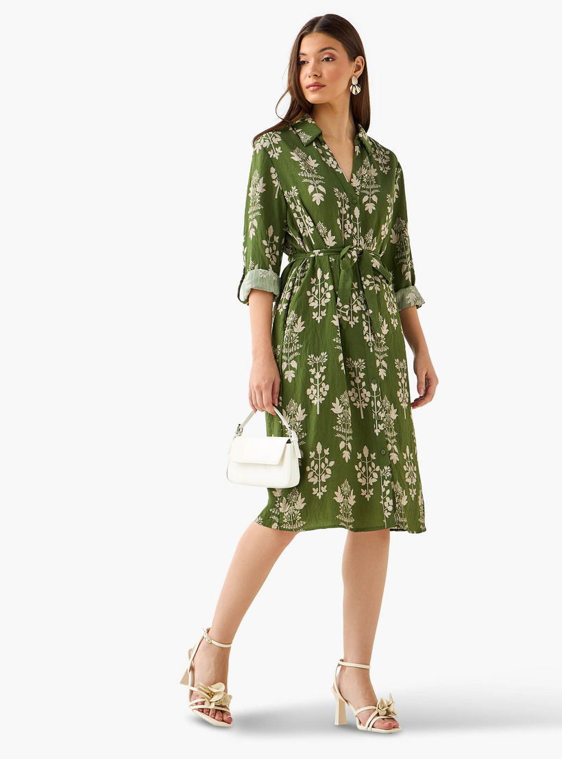 Knee Length Shirt Belted Dress with Floral Print-women-clothing-dresses-image-2