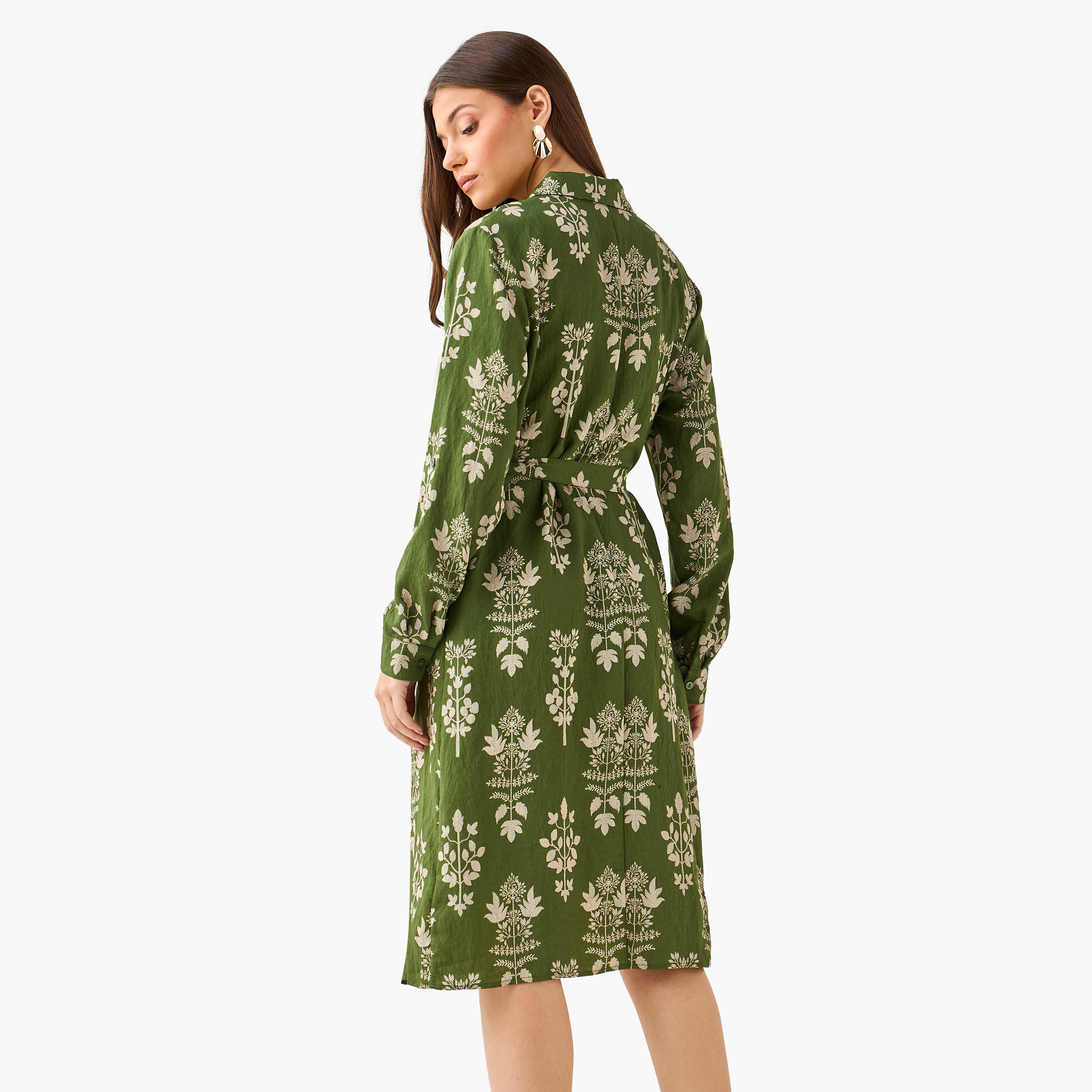 Knee Length Shirt Belted Dress with Floral Print-women-clothing-dresses-image-3
