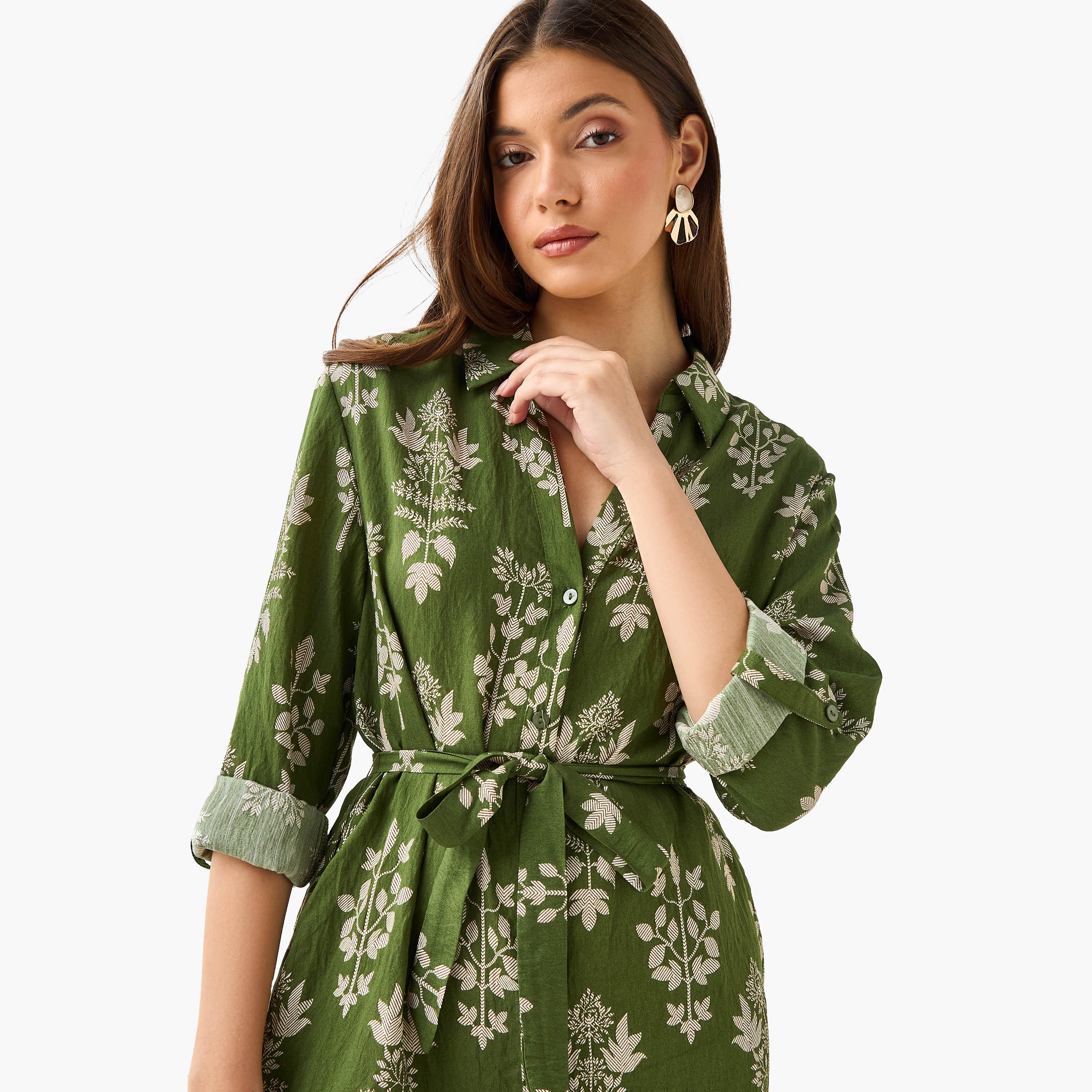 فستان قميص بطول الركبة وبحزام وطبعات زهرية-women-clothing-dresses-image-6
