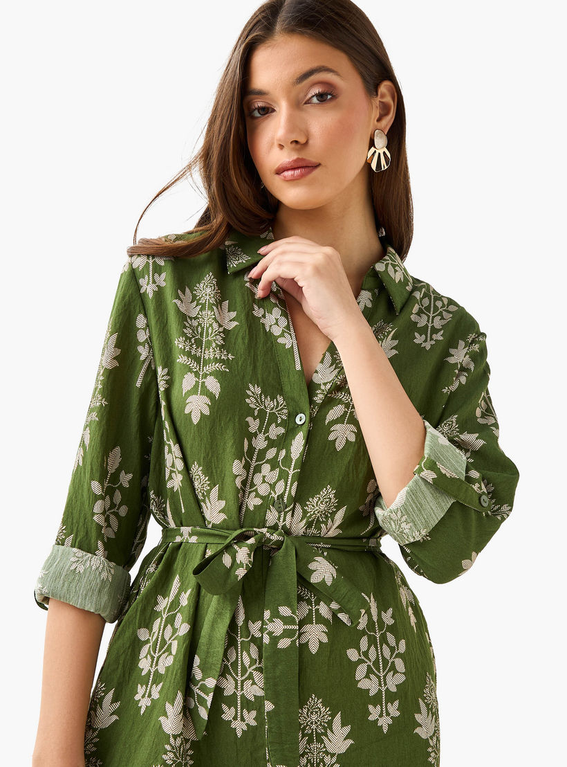 Knee Length Shirt Belted Dress with Floral Print-women-clothing-dresses-image-5