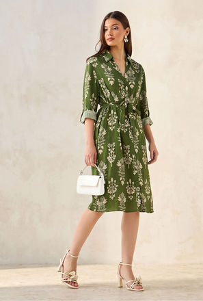 فستان قميص بطول الركبة وبحزام وطبعات زهرية-women-clothing-image-1