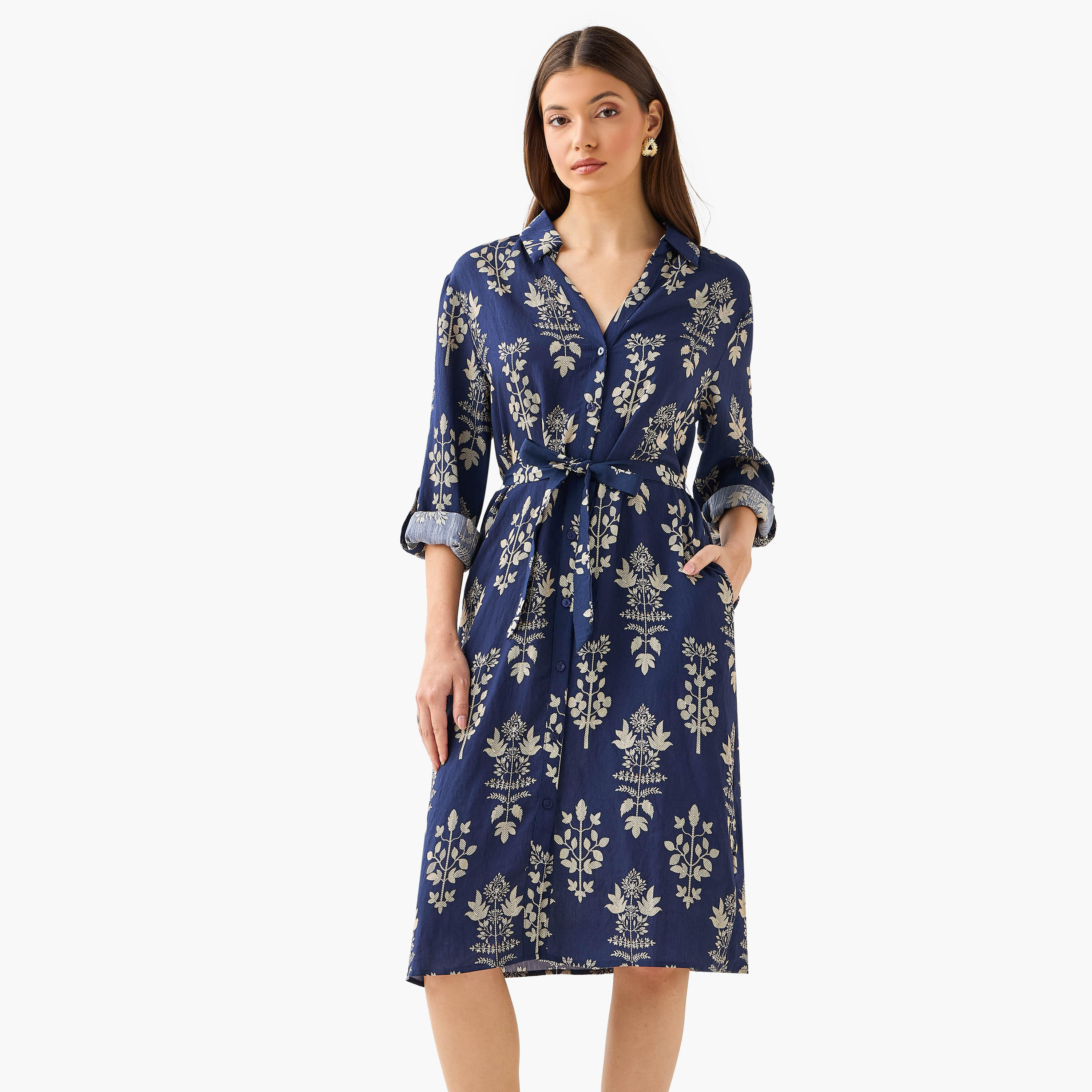 فستان قميص بطول الركبة وبحزام وطبعات زهرية-women-clothing-dresses-image-1
