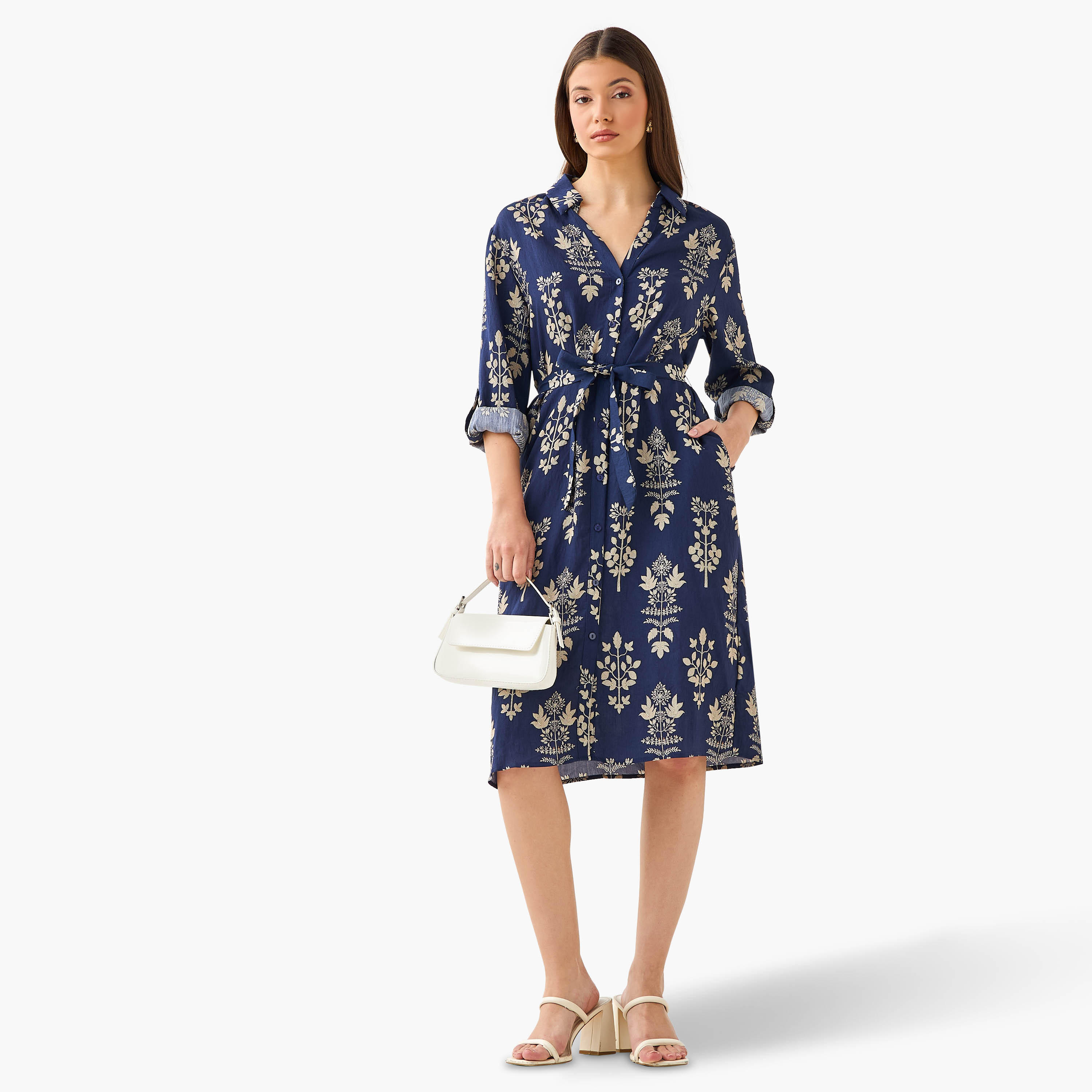فستان قميص بطول الركبة وبحزام وطبعات زهرية-women-clothing-dresses-image-2