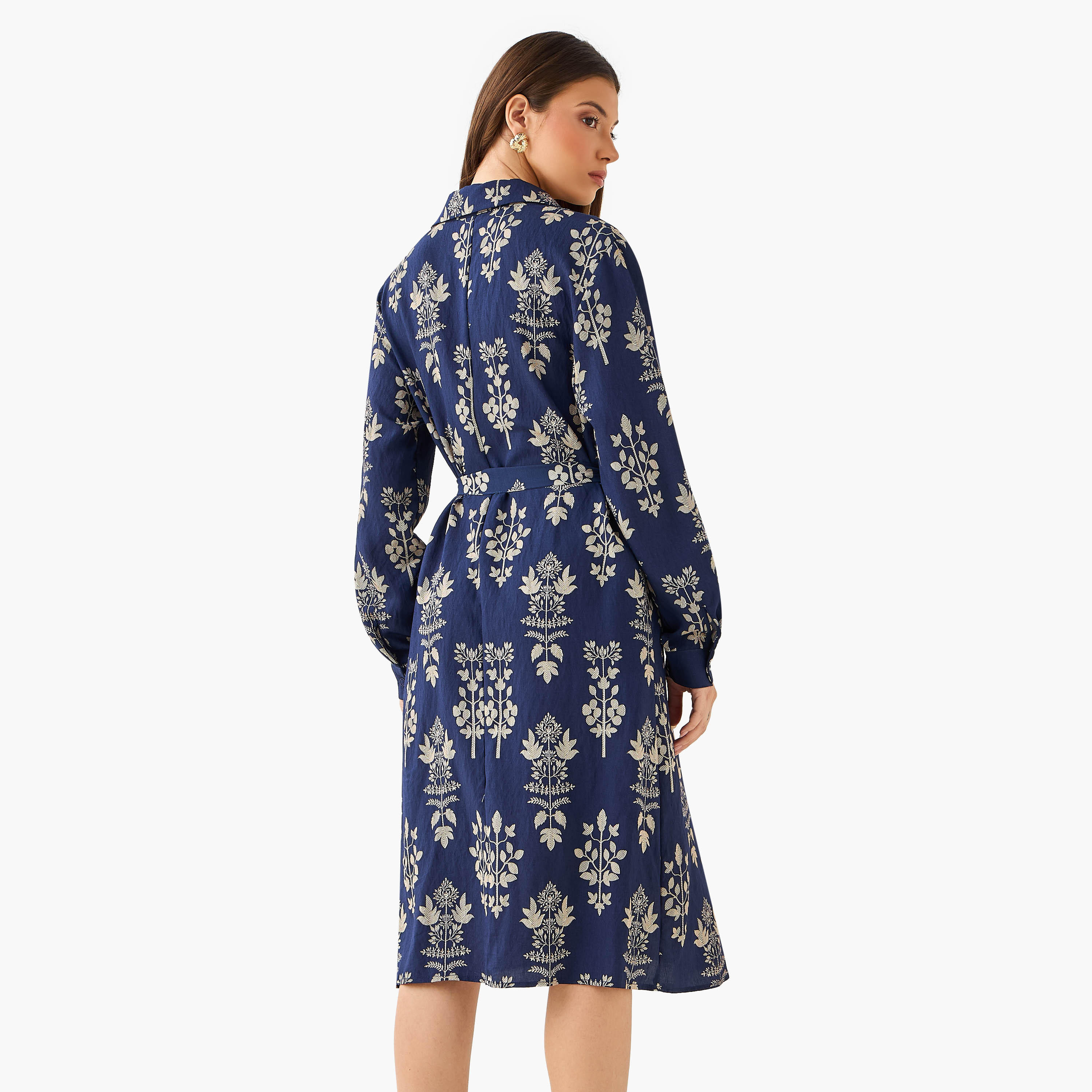 فستان قميص بطول الركبة وبحزام وطبعات زهرية-women-clothing-dresses-image-3