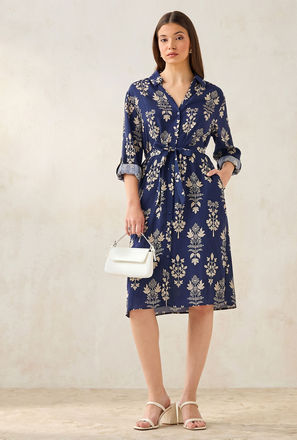 فستان قميص بطول الركبة وبحزام وطبعات زهرية-women-clothing-image-1