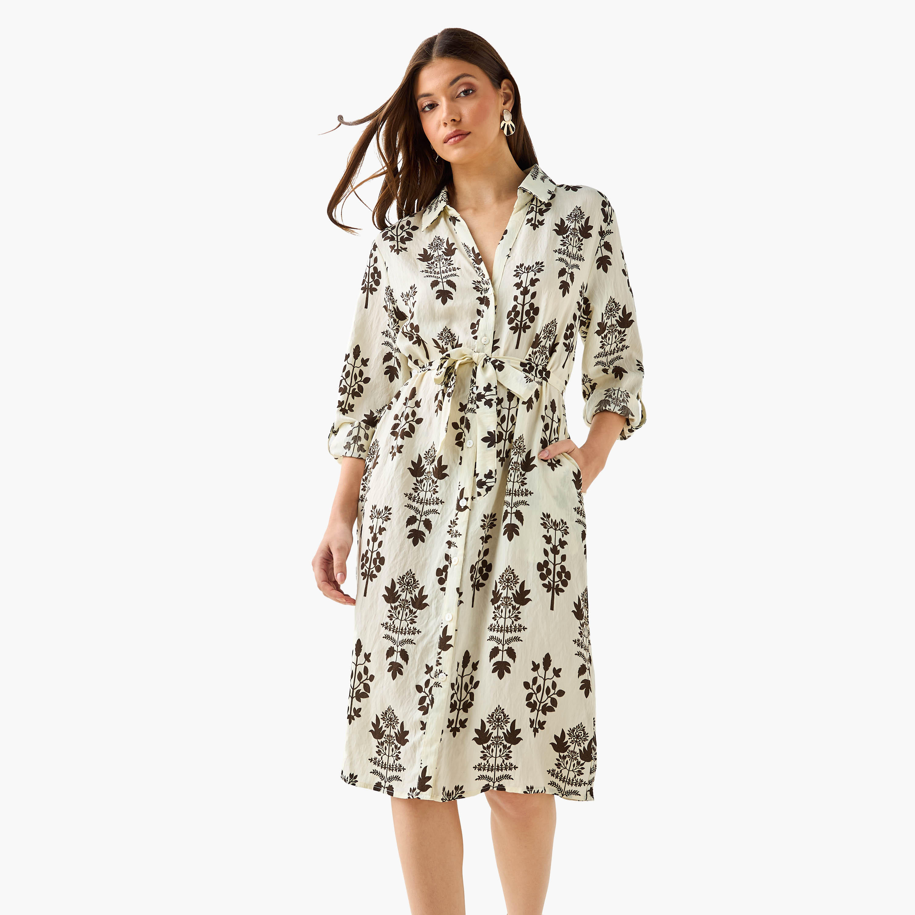 فستان قميص بطول الركبة وبحزام وطبعات زهرية-women-clothing-dresses-image-1