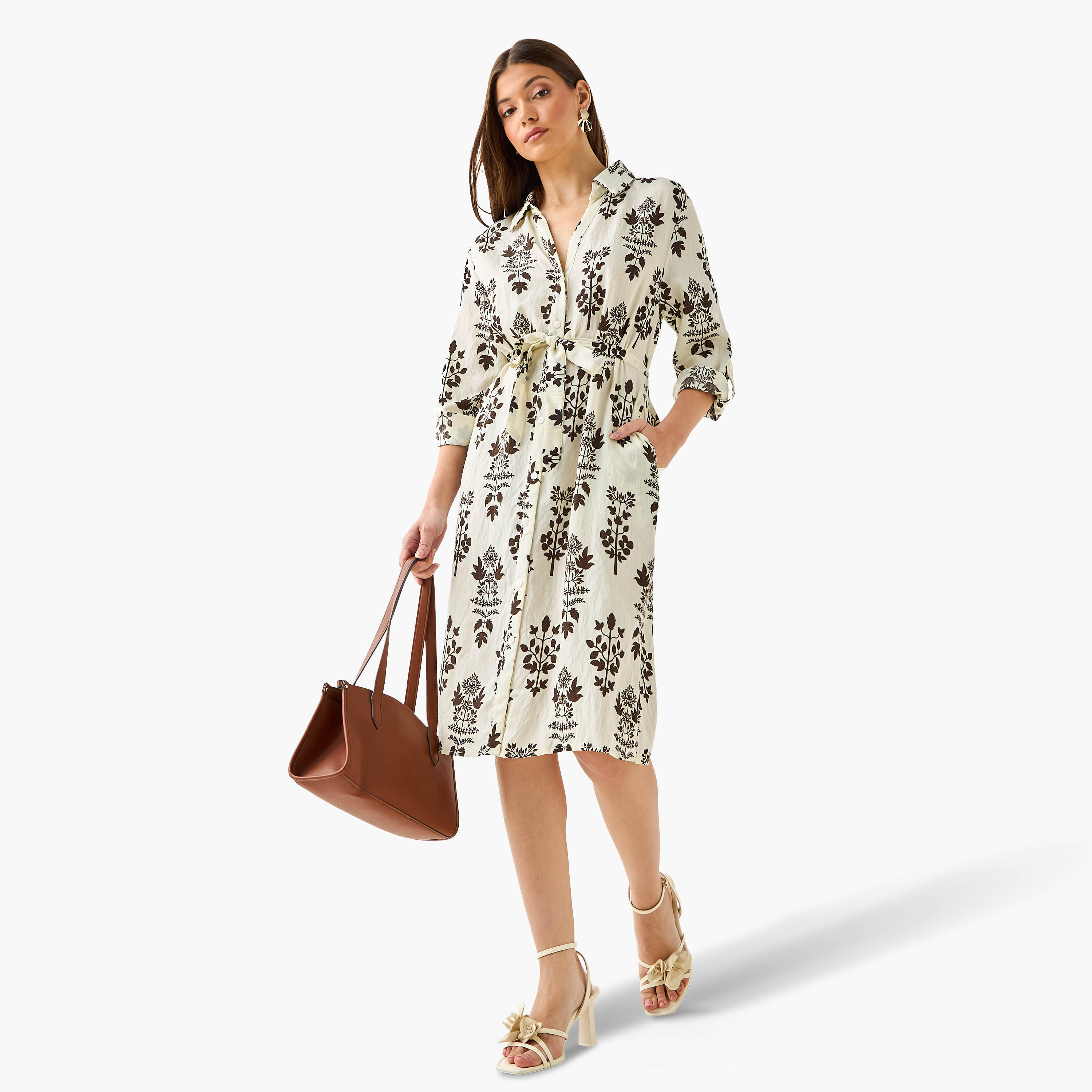 فستان قميص بطول الركبة وبحزام وطبعات زهرية-women-clothing-dresses-image-2