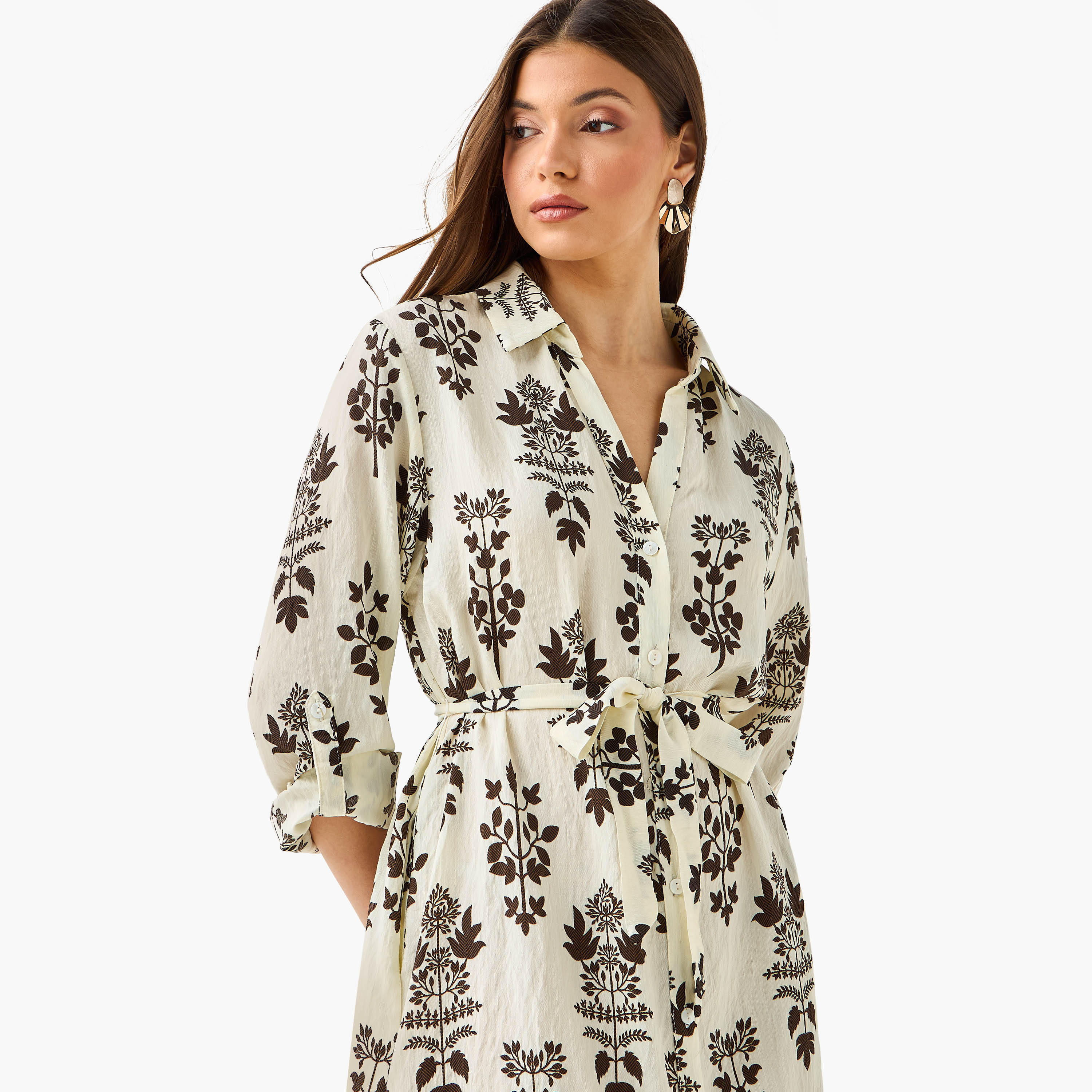 فستان قميص بطول الركبة وبحزام وطبعات زهرية-women-clothing-dresses-image-5