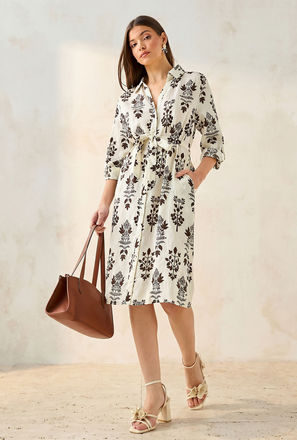 فستان قميص بطول الركبة وبحزام وطبعات زهرية-women-clothing-image-1