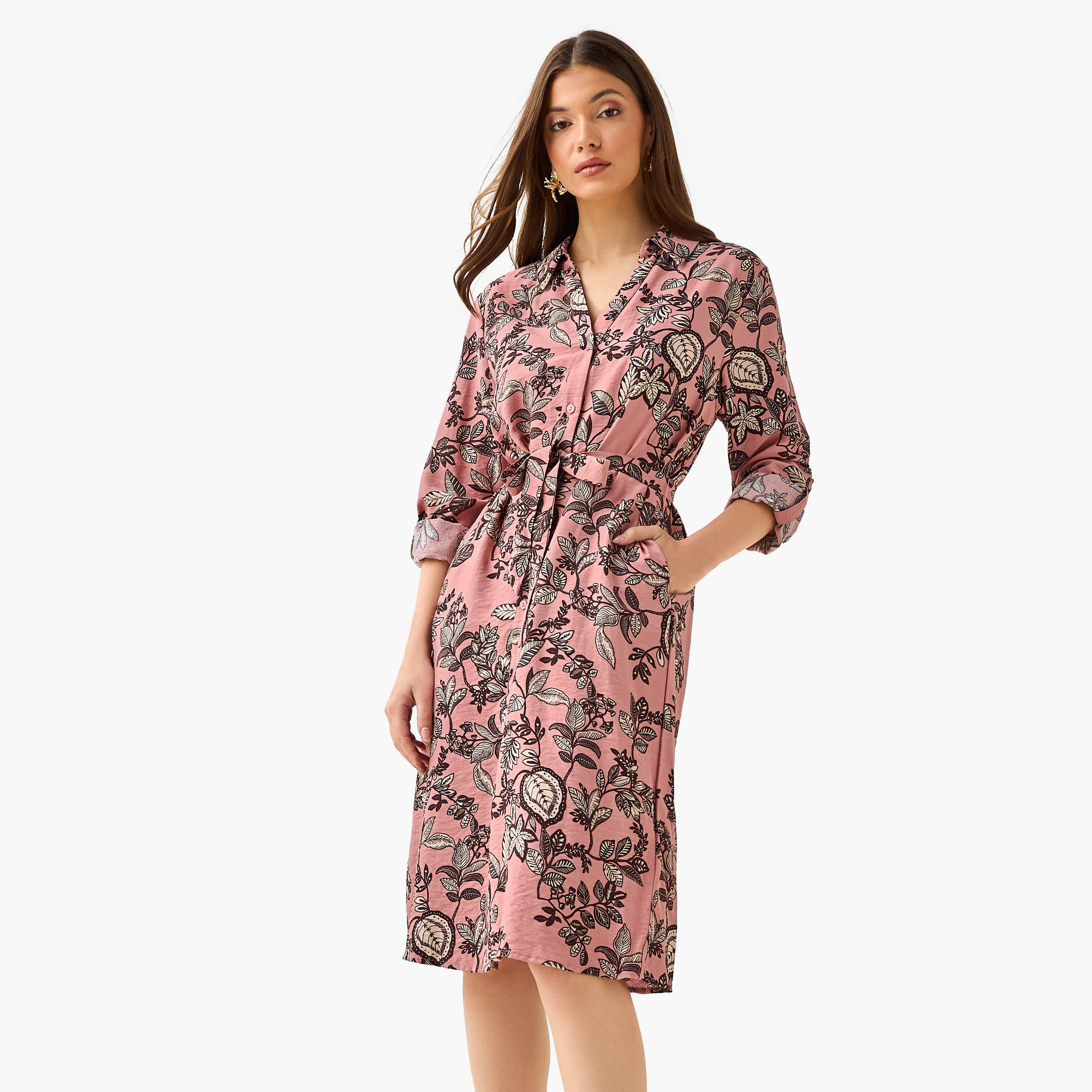 فستان قميص بطول الركبة وبحزام وطبعات زهرية-women-clothing-dresses-image-2