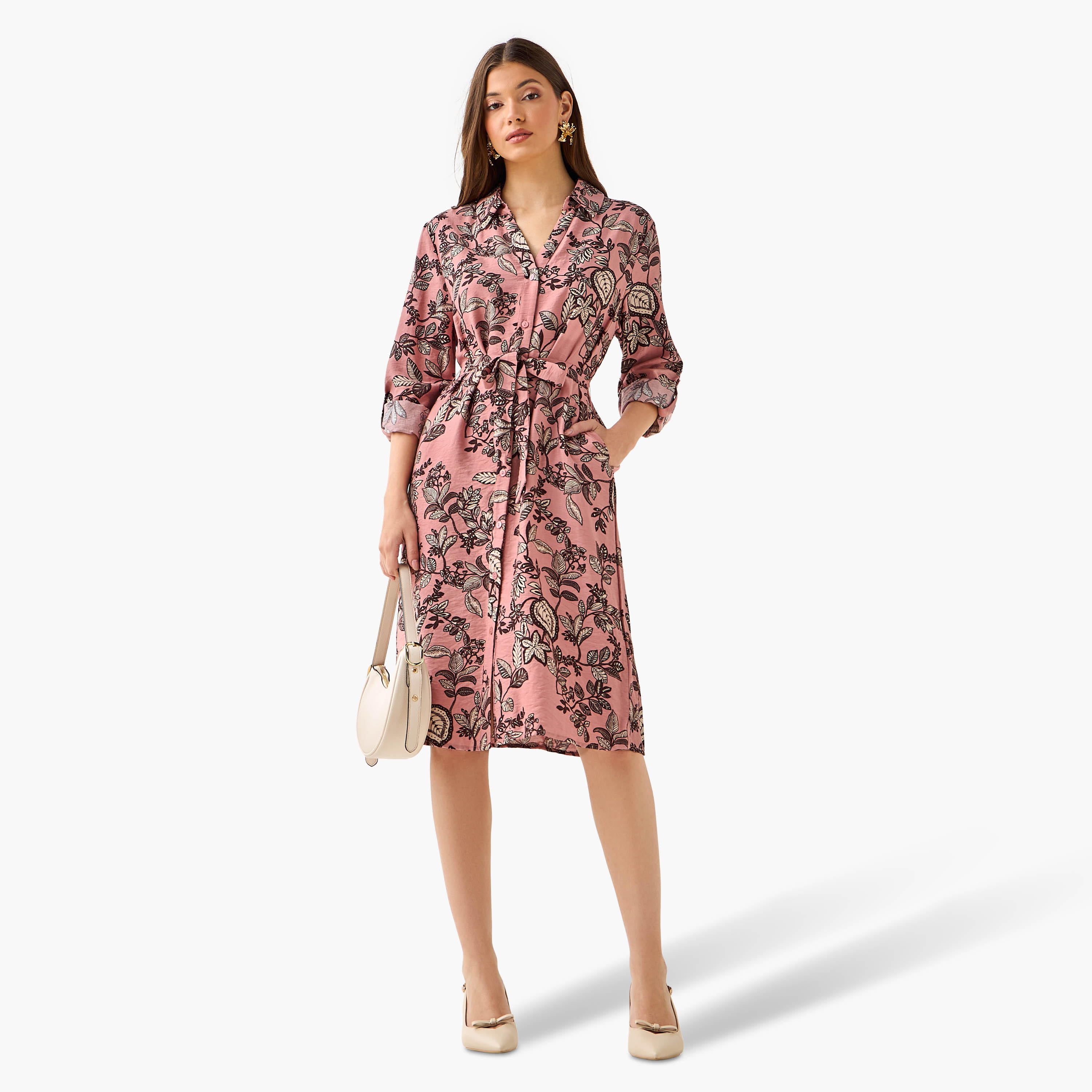 فستان قميص بطول الركبة وبحزام وطبعات زهرية-women-clothing-dresses-image-3