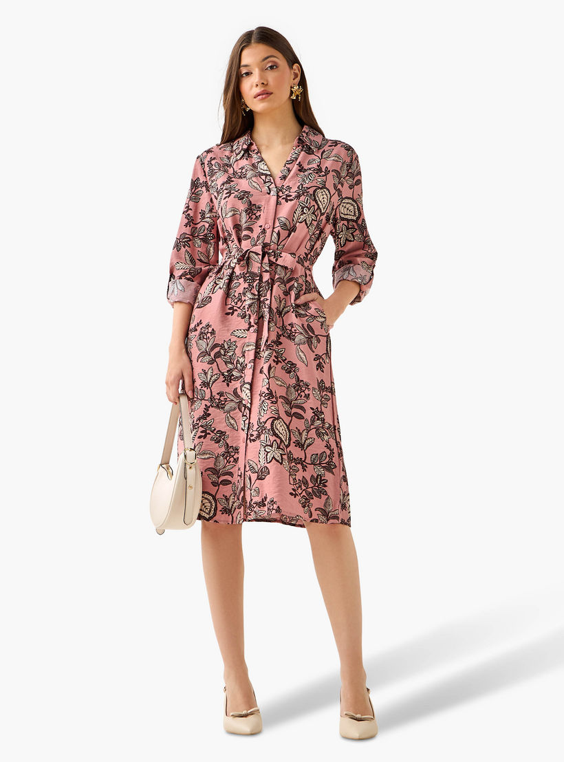 Knee Length Shirt Belted Dress with Floral Print-women-clothing-dresses-image-2