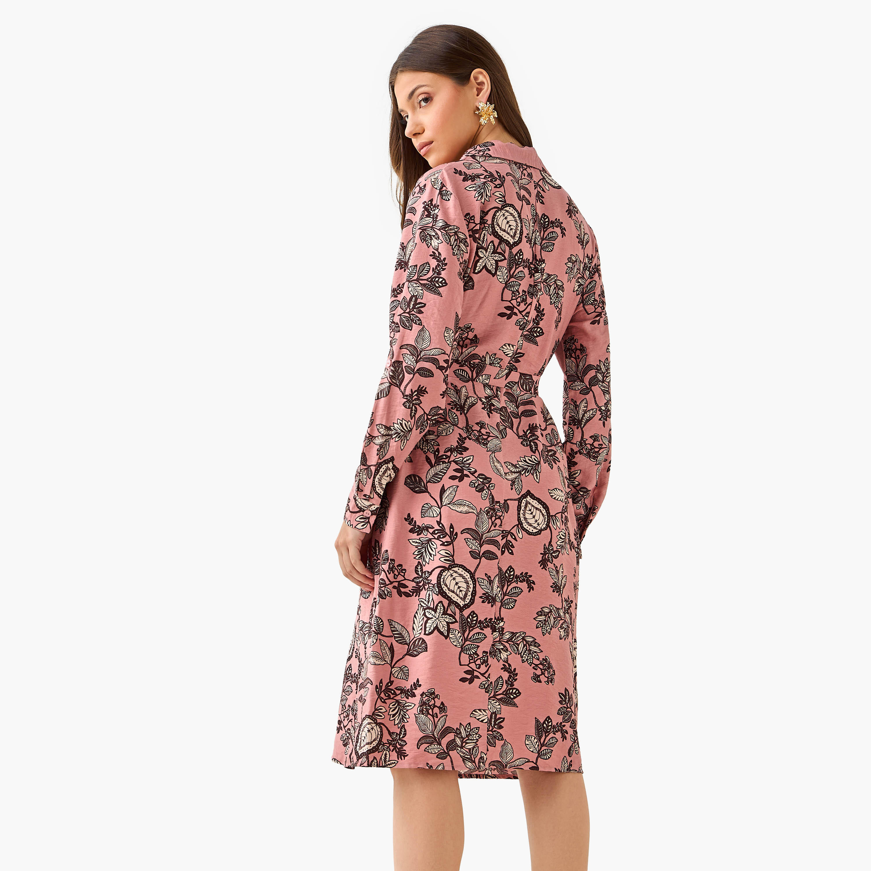 Knee Length Shirt Belted Dress with Floral Print-women-clothing-dresses-image-3