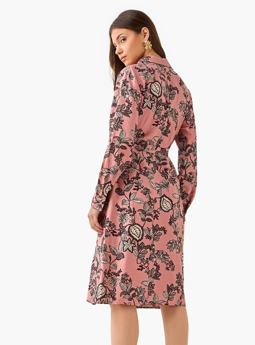 Knee Length Shirt Belted Dress with Floral Print-women-clothing-dresses-image-3