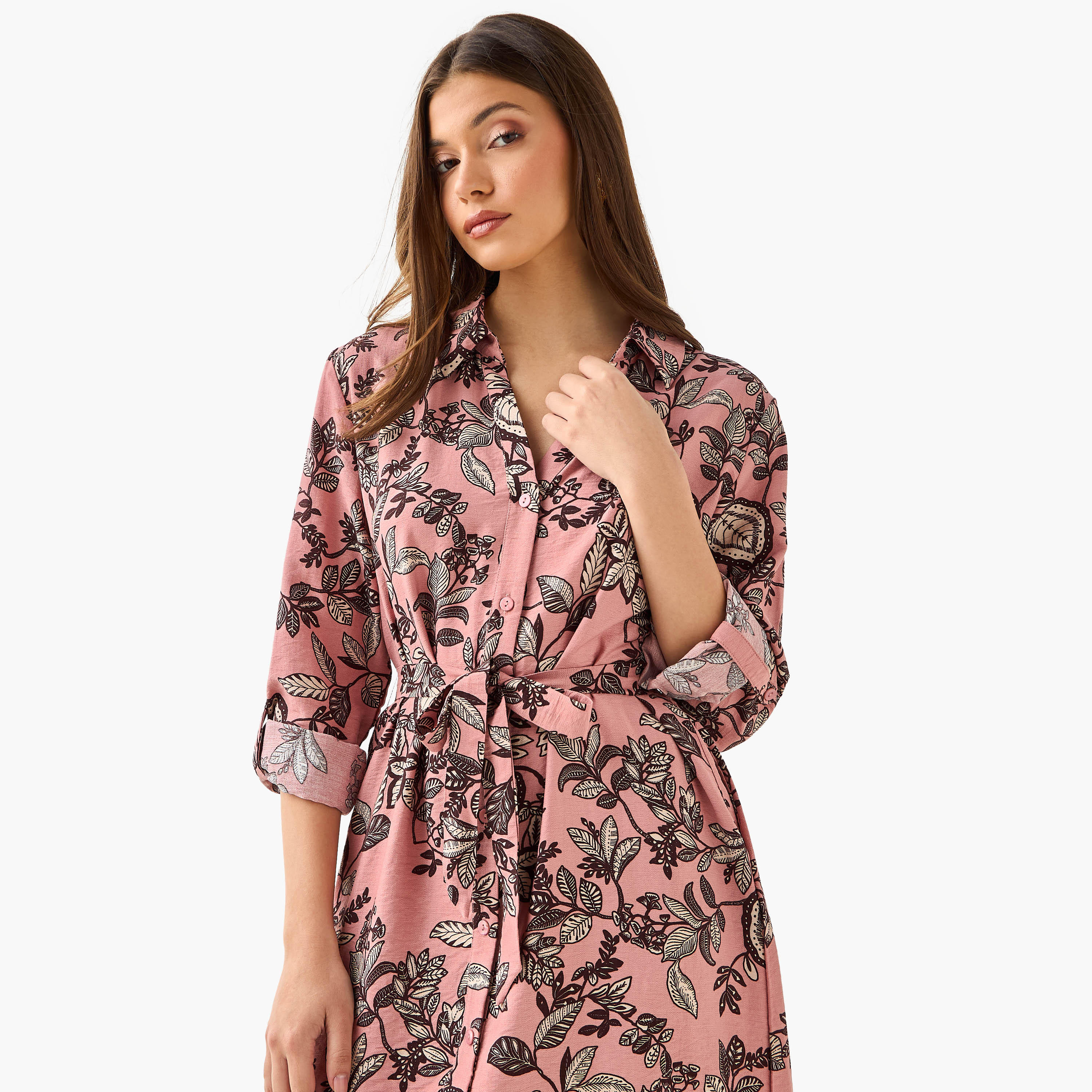 فستان قميص بطول الركبة وبحزام وطبعات زهرية-women-clothing-dresses-image-6