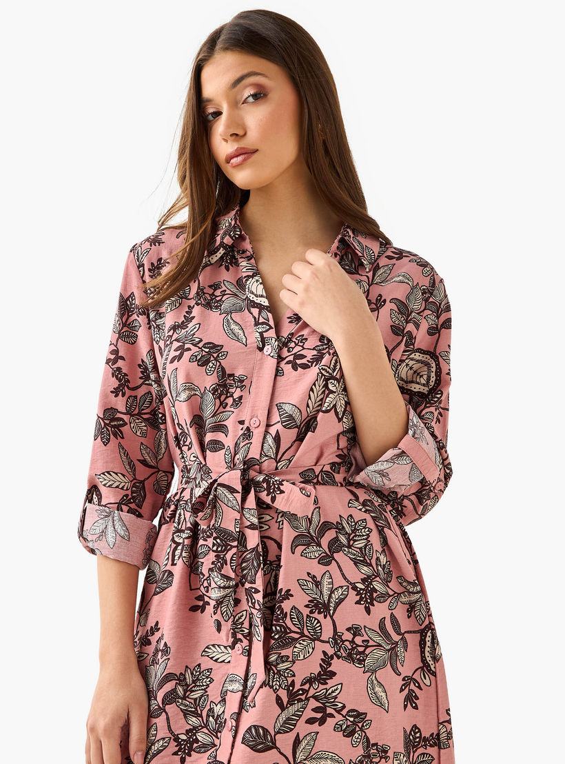 Knee Length Shirt Belted Dress with Floral Print-women-clothing-dresses-image-5