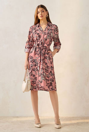 فستان قميص بطول الركبة وبحزام وطبعات زهرية-women-clothing-image-1