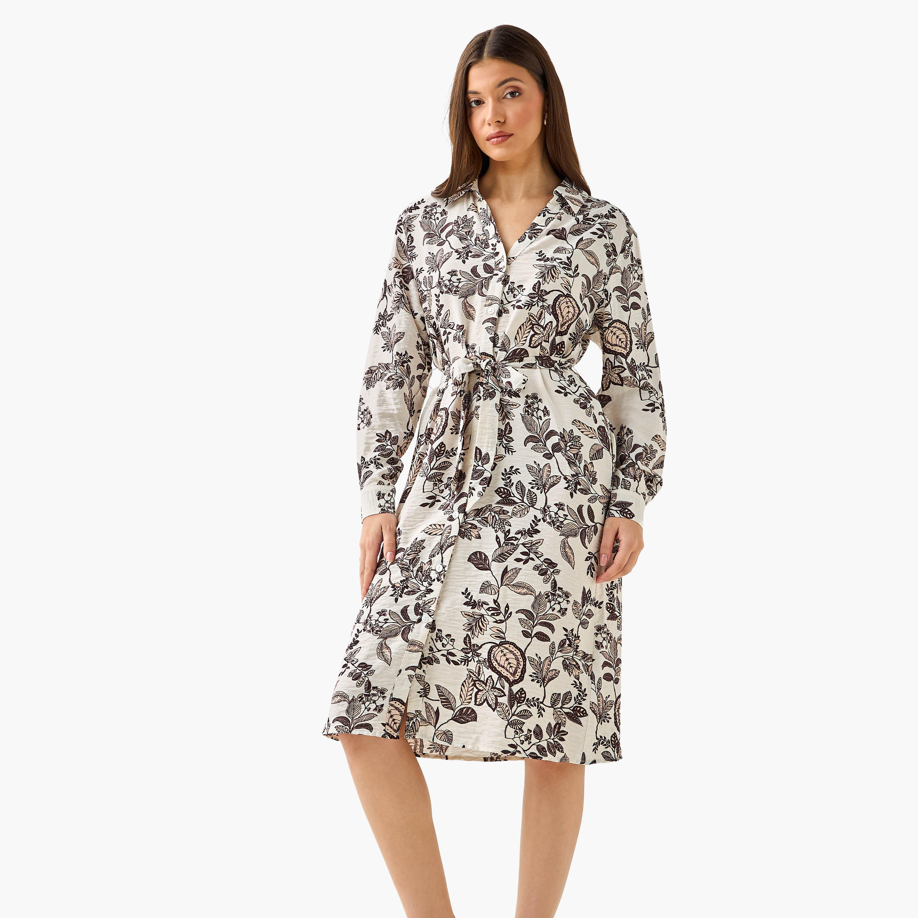 فستان قميص بطول الركبة وبحزام وطبعات زهرية-women-clothing-dresses-image-2