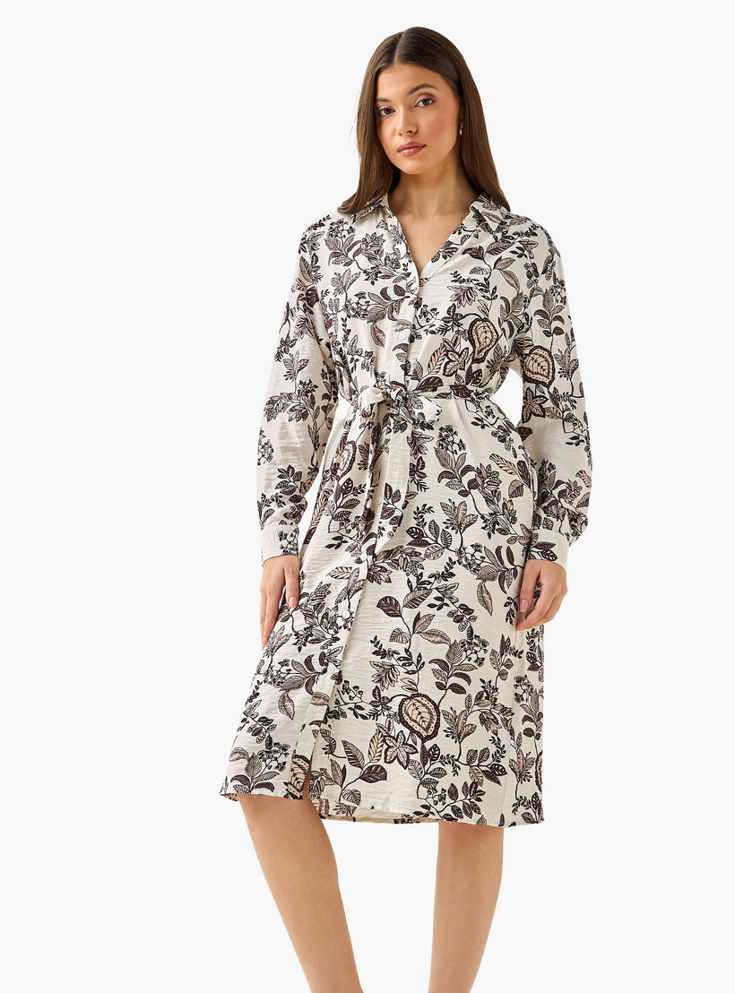Knee Length Shirt Belted Dress with Floral Print-women-clothing-dresses-image-1