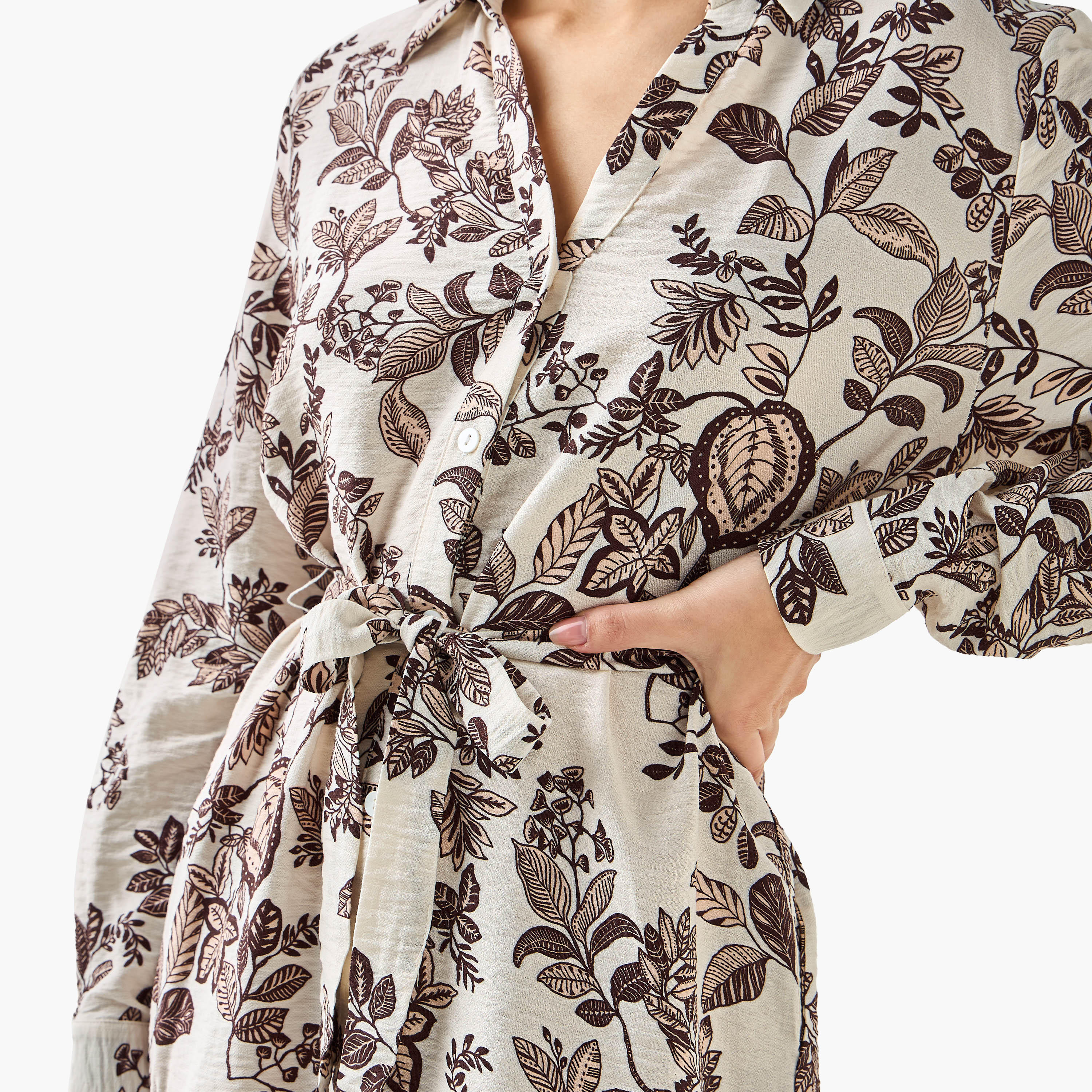 Knee Length Shirt Belted Dress with Floral Print-women-clothing-dresses-image-4