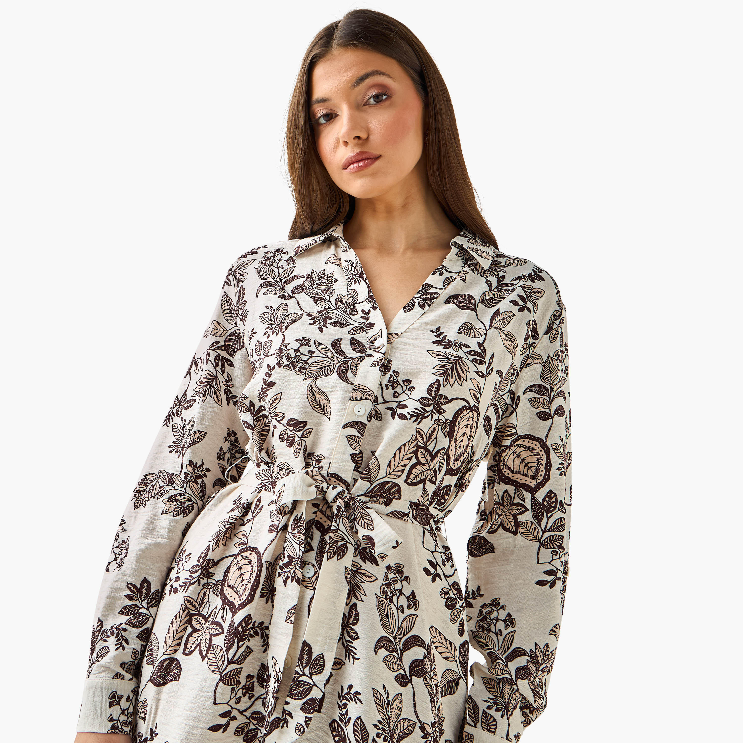 فستان قميص بطول الركبة وبحزام وطبعات زهرية-women-clothing-dresses-image-6