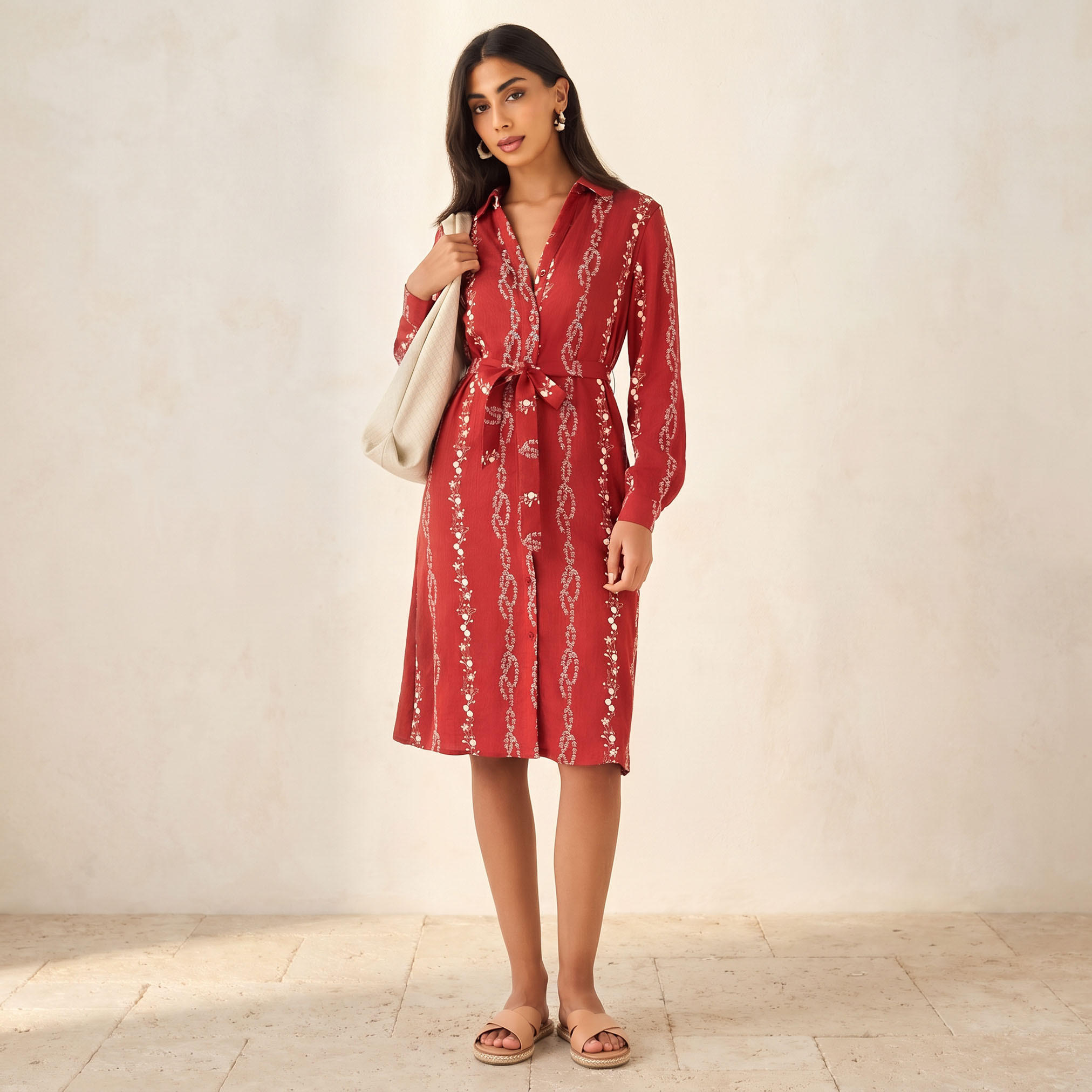 فستان قميص طول الركبة بحزام وتطريزات زهرية-women-clothing-dresses-image-1