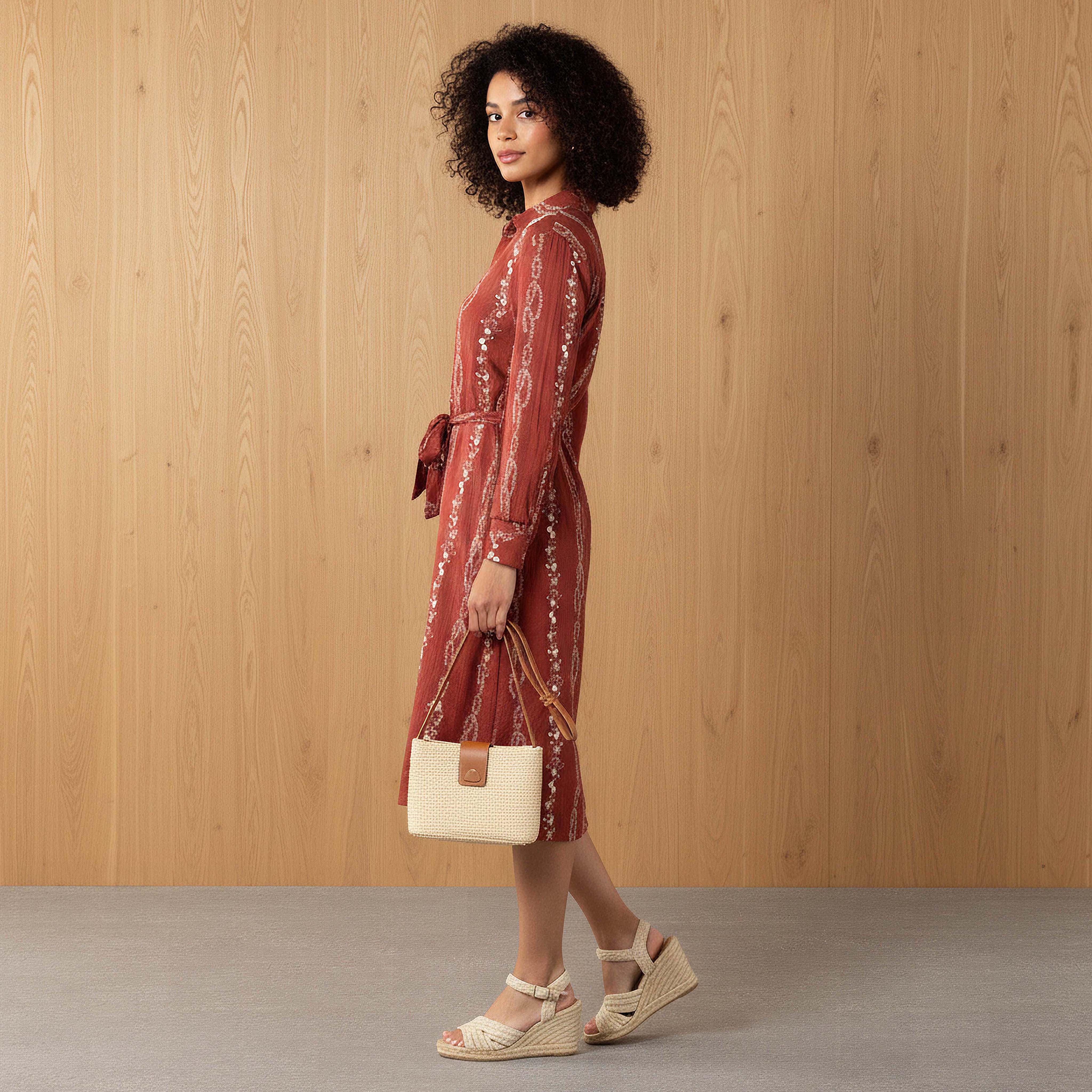 فستان قميص طول الركبة بحزام وتطريزات زهرية-women-clothing-dresses-image-2