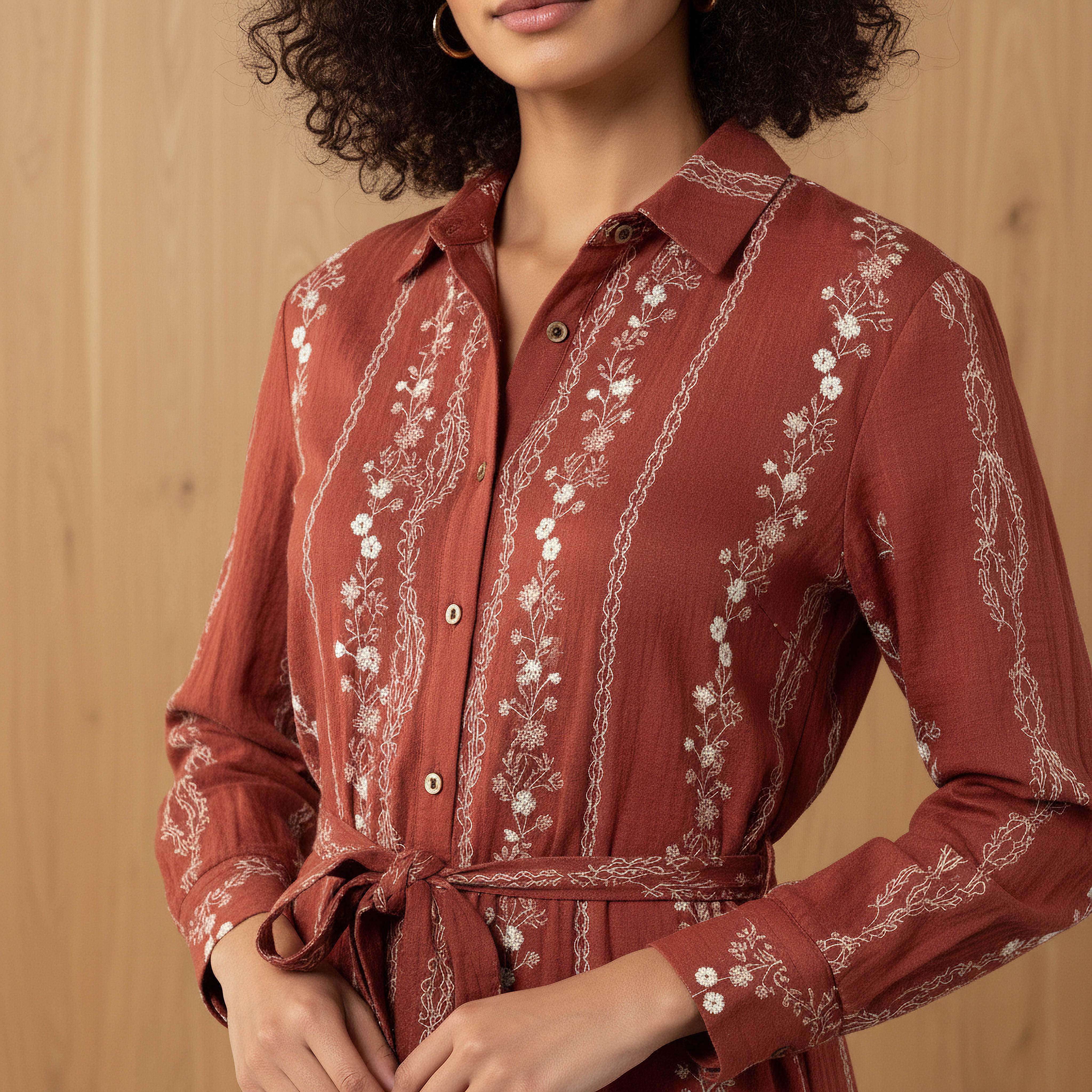 فستان قميص طول الركبة بحزام وتطريزات زهرية-women-clothing-dresses-image-4