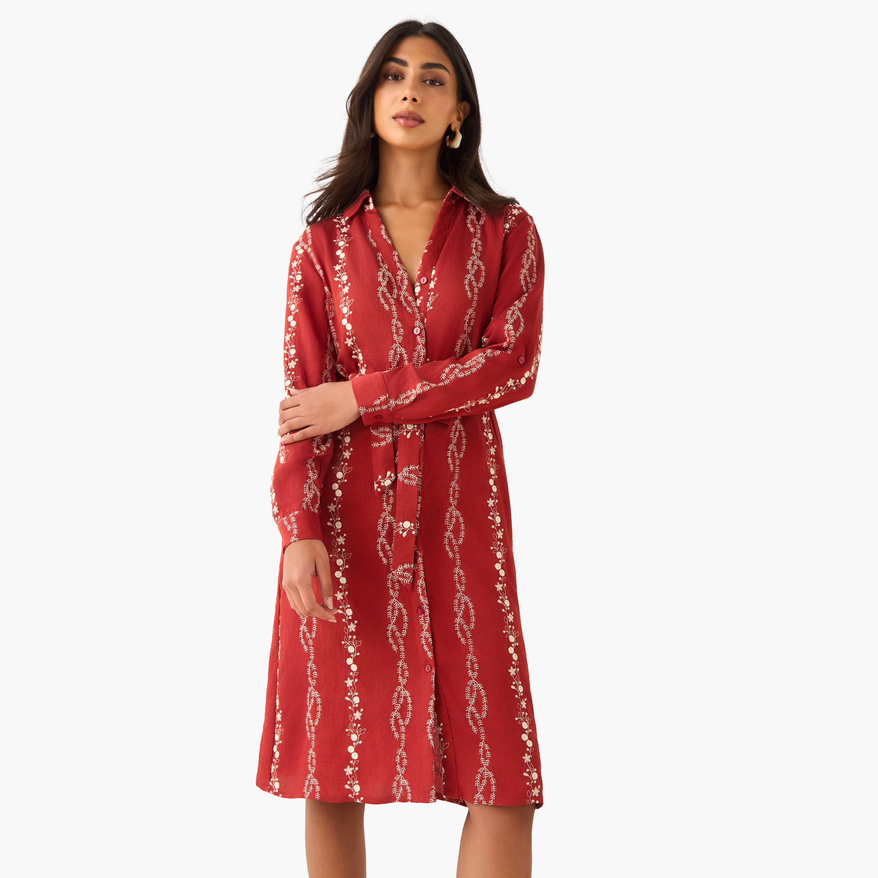 Knee Length Shirt Belted Dress with Floral Embroidery-women-clothing-dresses-image-1