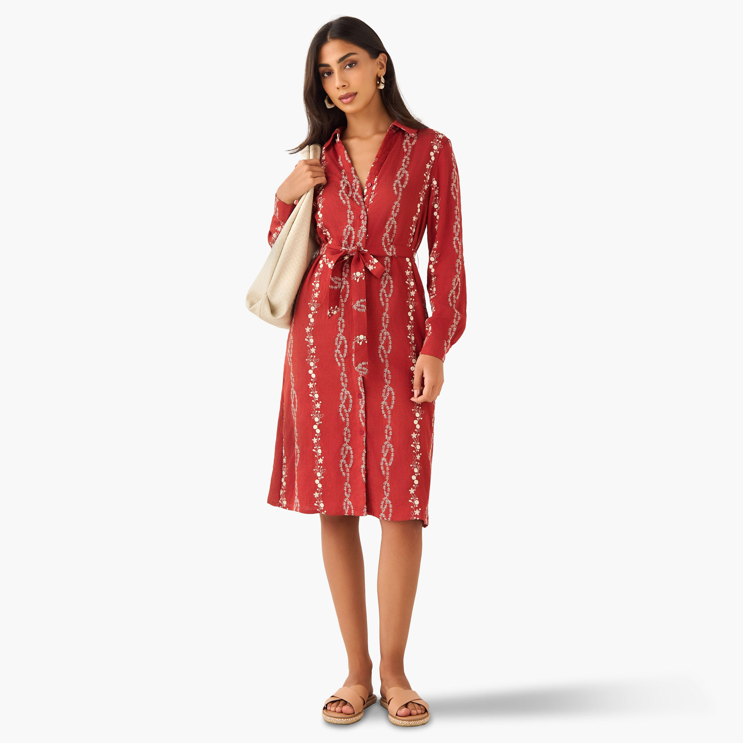 Knee Length Shirt Belted Dress with Floral Embroidery-women-clothing-dresses-image-2