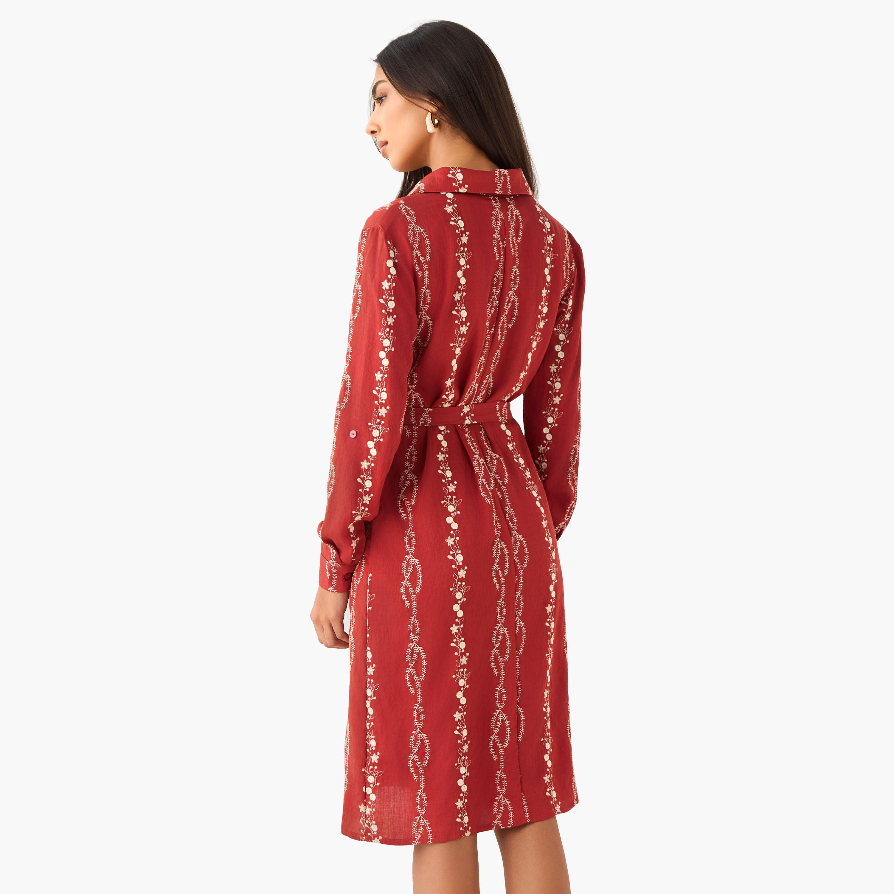 Knee Length Shirt Belted Dress with Floral Embroidery-women-clothing-dresses-image-3