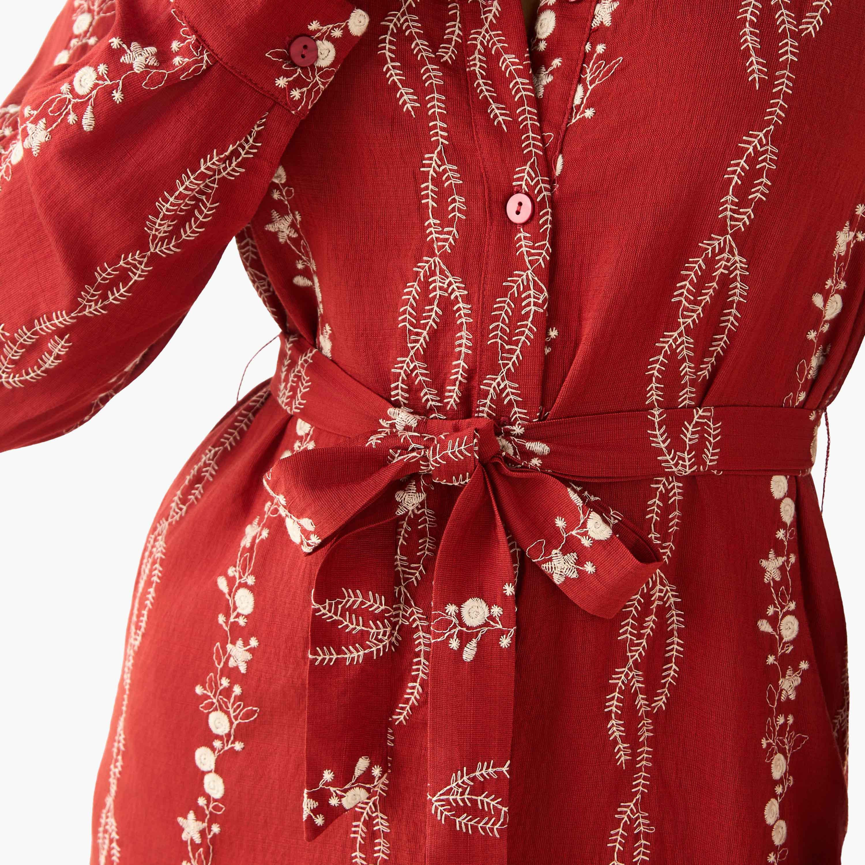 Knee Length Shirt Belted Dress with Floral Embroidery-women-clothing-dresses-image-4