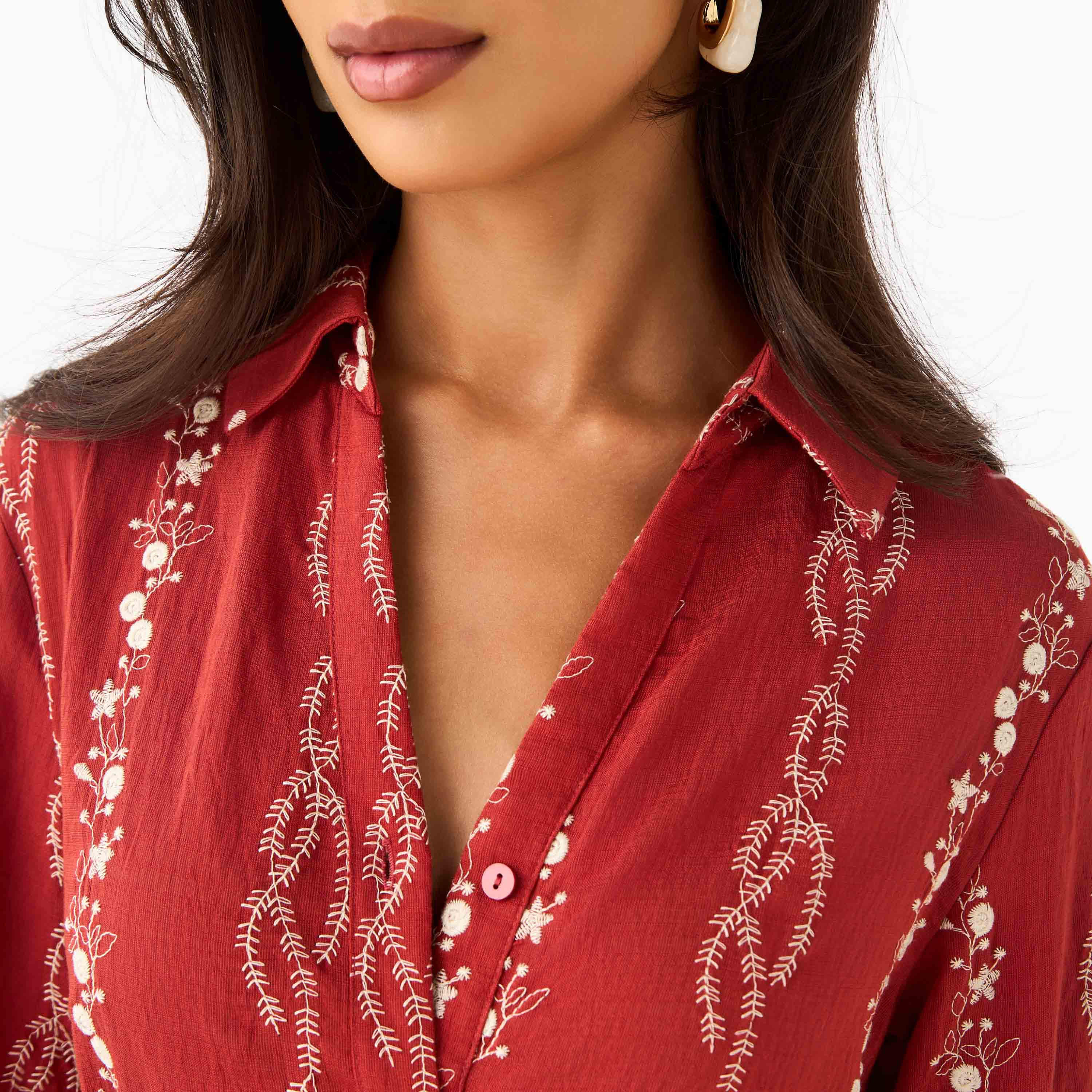 Knee Length Shirt Belted Dress with Floral Embroidery-women-clothing-dresses-image-5