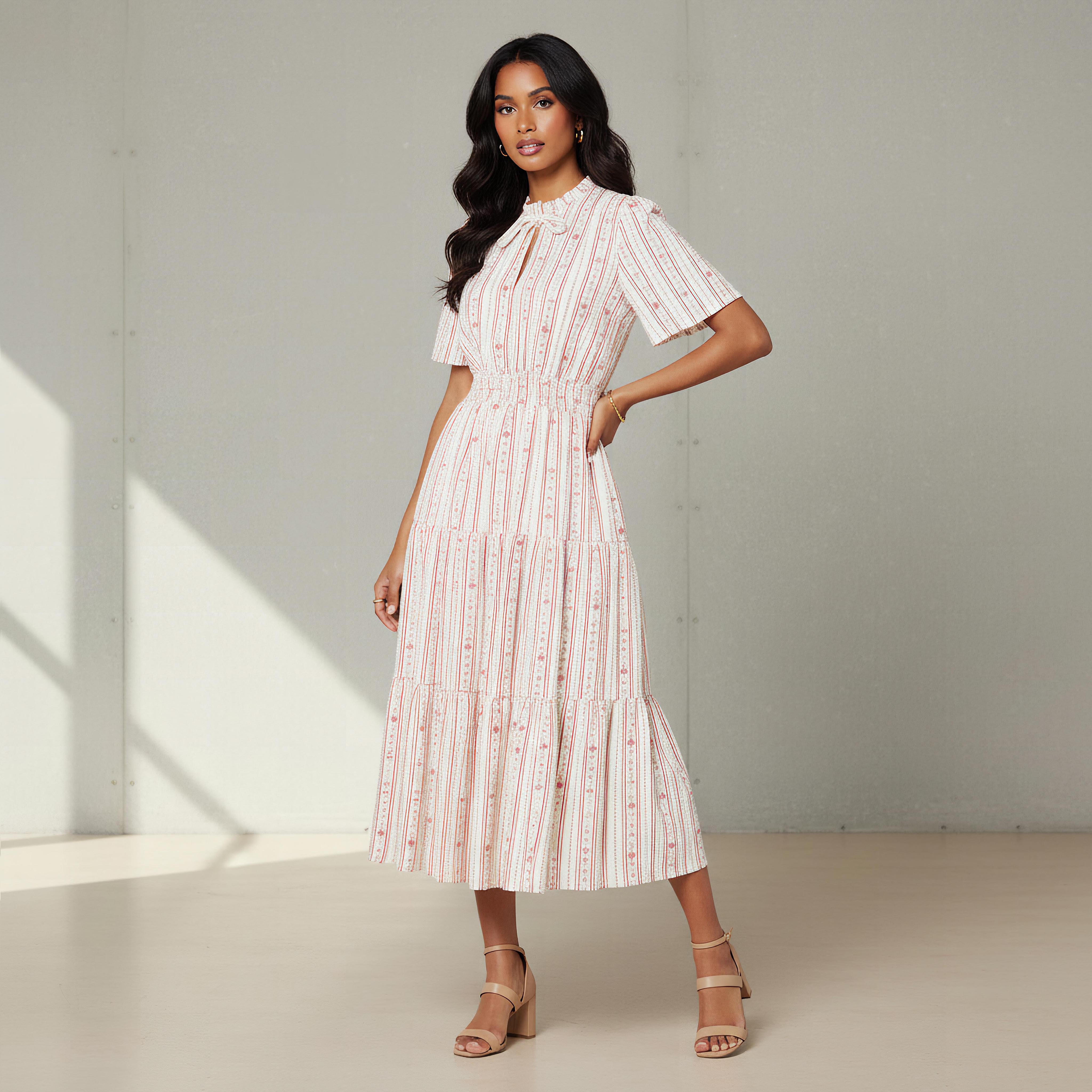 Tiered Midi Textured Viscose Dress with Flutter Sleeves-women-clothing-dresses-image-1