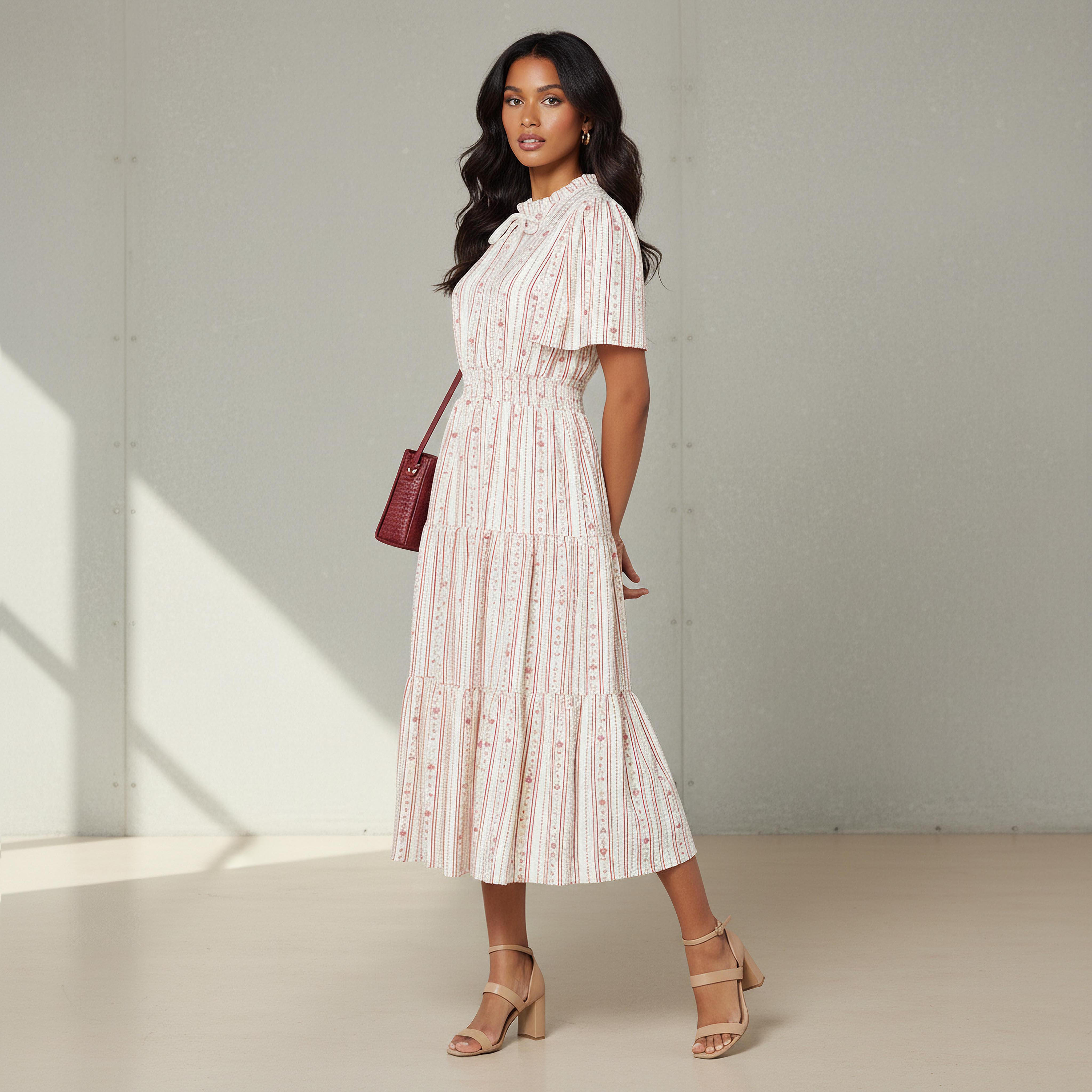 Tiered Midi Textured Viscose Dress with Flutter Sleeves-women-clothing-dresses-image-2