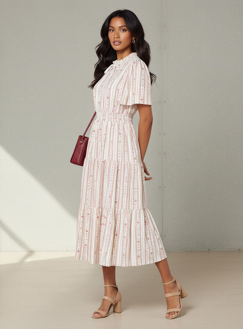 Tiered Midi Textured Viscose Dress with Flutter Sleeves-women-clothing-dresses-image-2