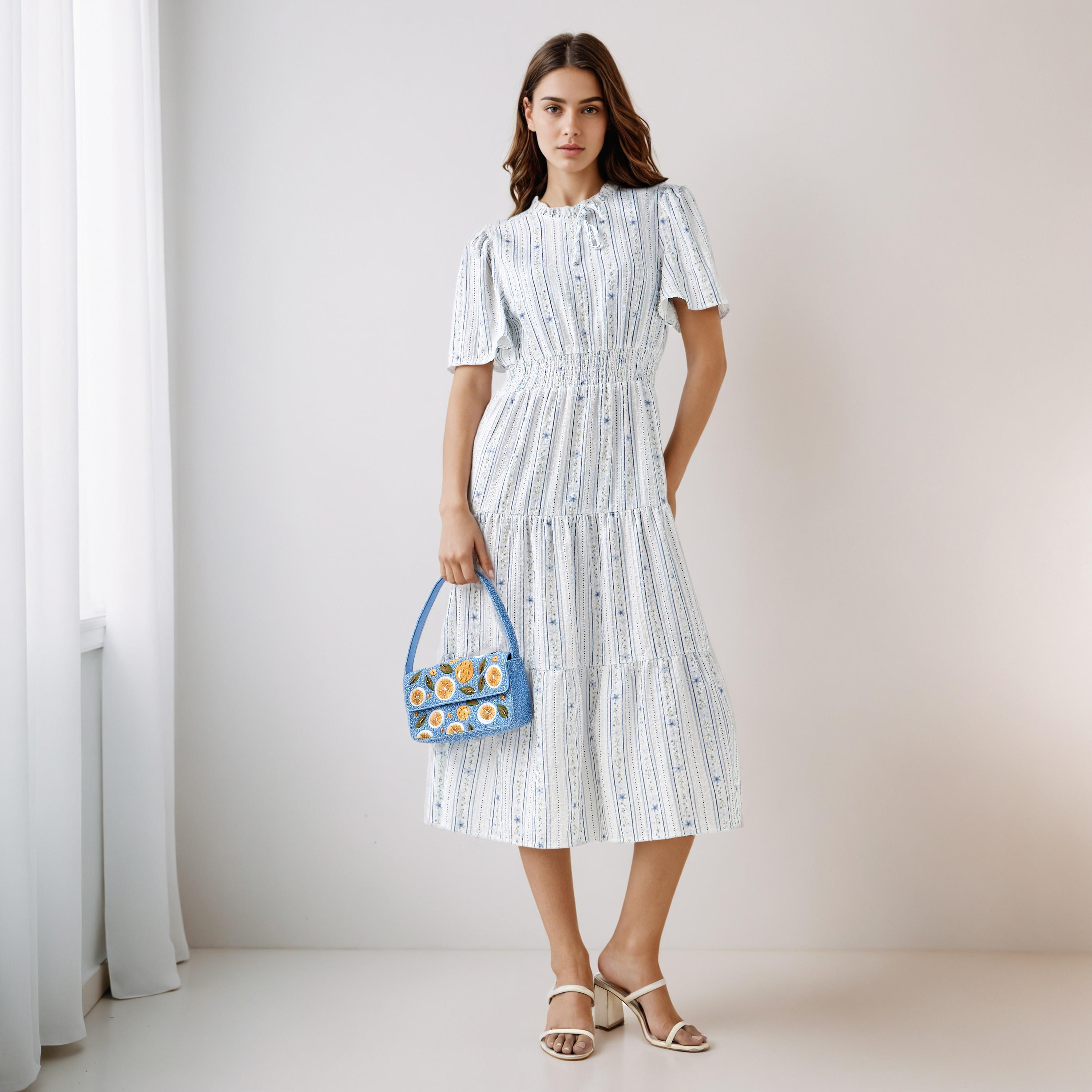 Tiered Midi Textured Viscose Dress with Flutter Sleeves-women-clothing-dresses-image-1