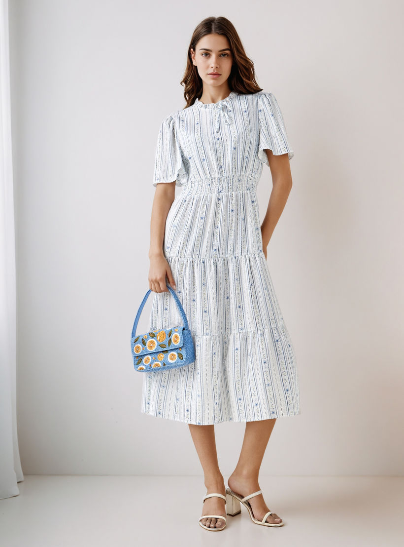Tiered Midi Textured Viscose Dress with Flutter Sleeves-women-clothing-dresses-image-1