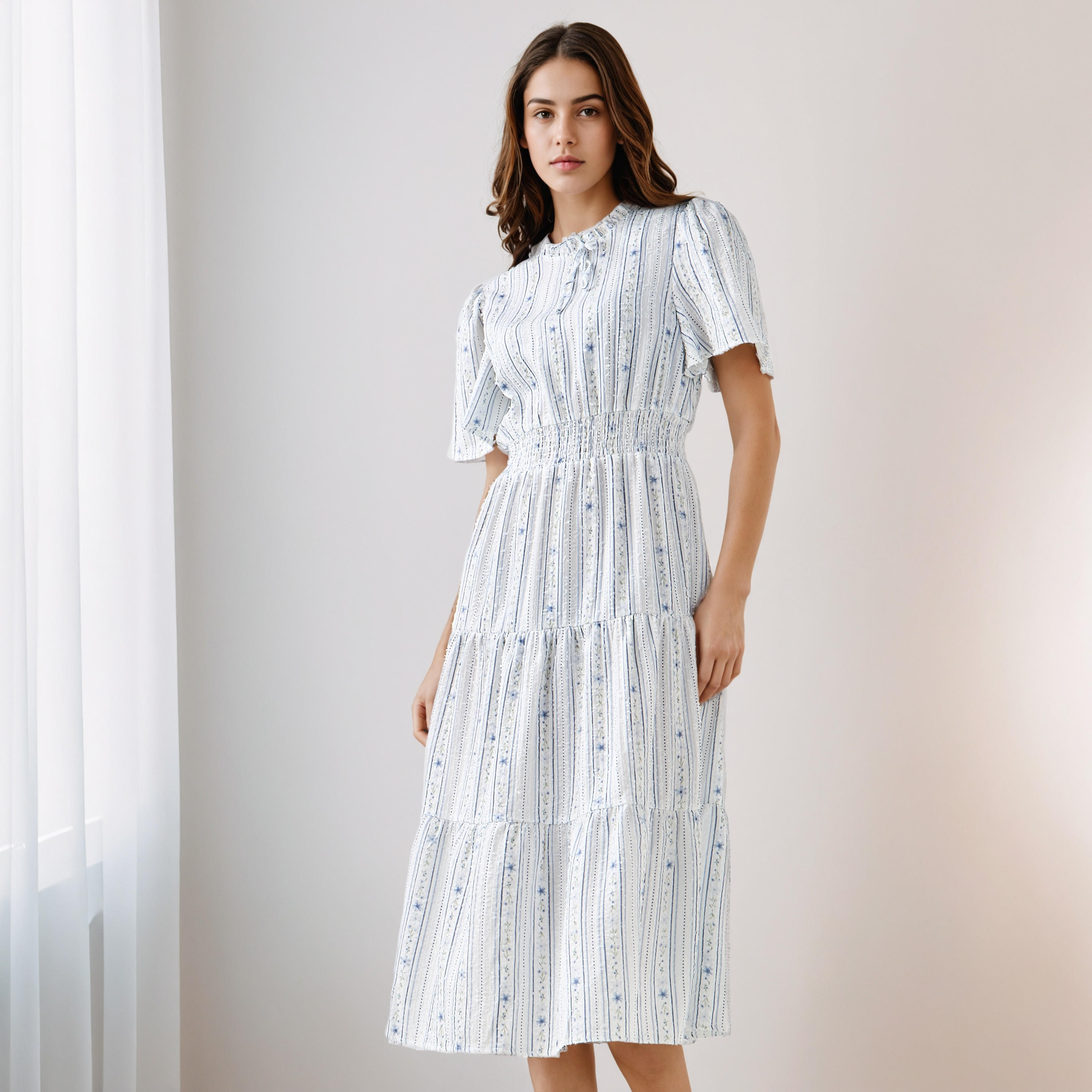 Tiered Midi Textured Viscose Dress with Flutter Sleeves-women-clothing-dresses-image-2