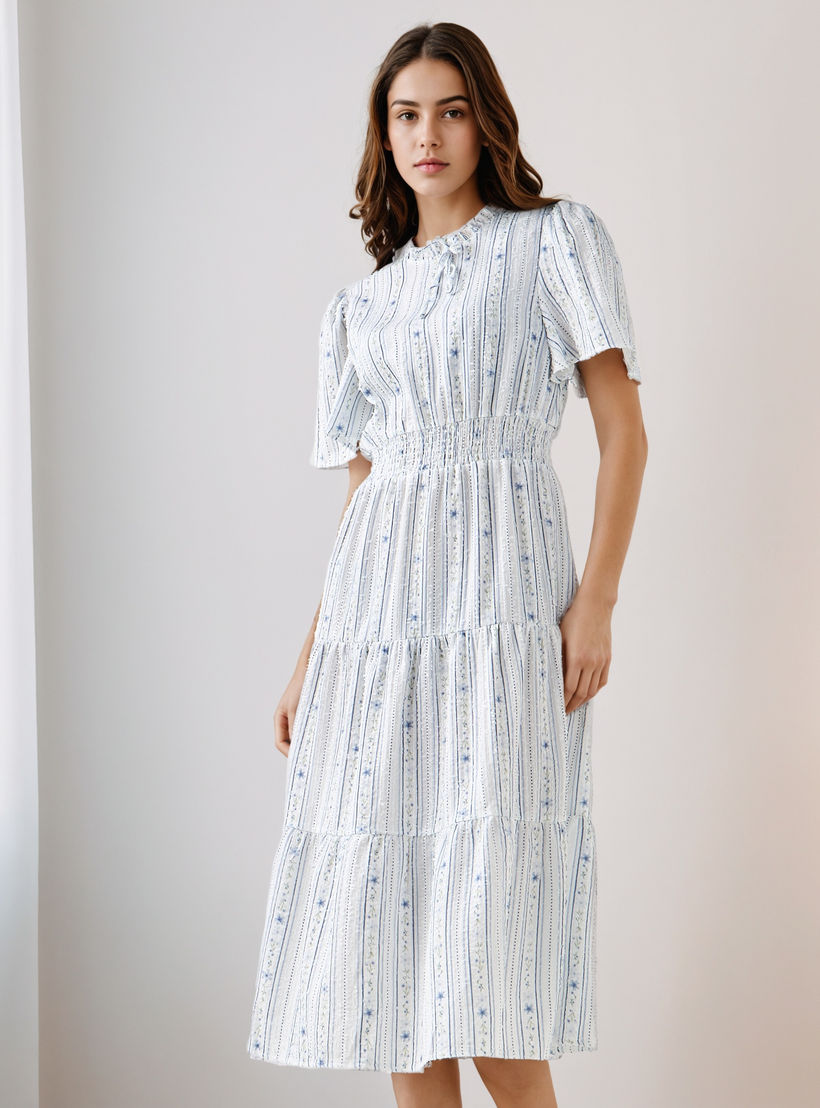 Tiered Midi Textured Viscose Dress with Flutter Sleeves-women-clothing-dresses-image-2
