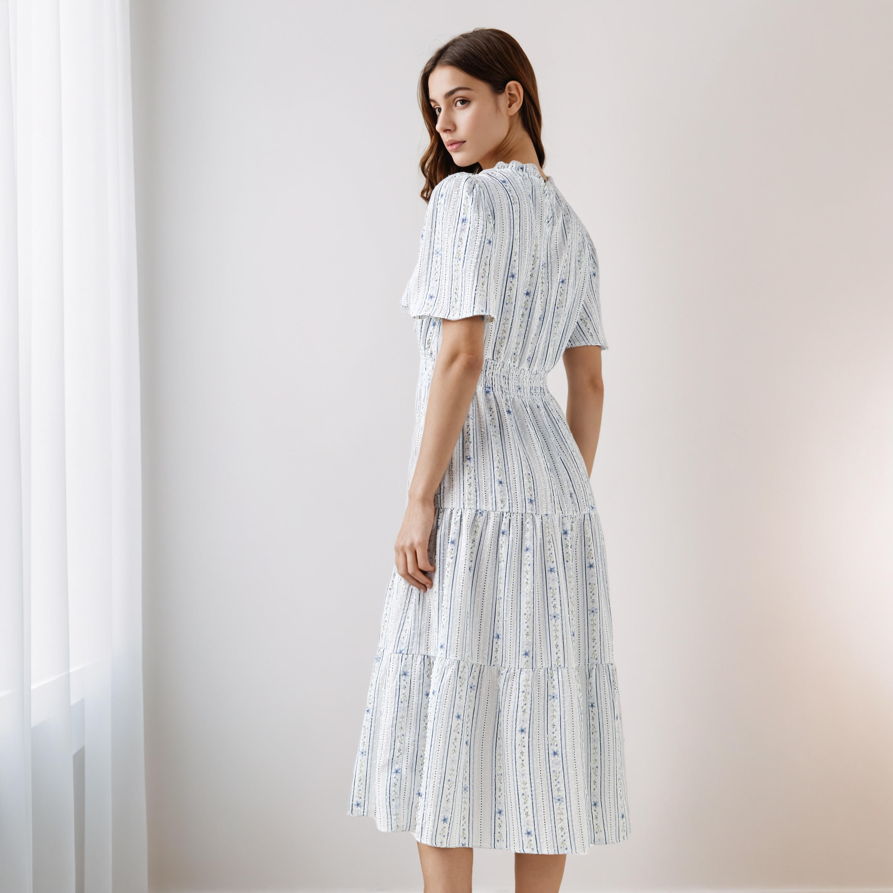 Tiered Midi Textured Viscose Dress with Flutter Sleeves-women-clothing-dresses-image-3