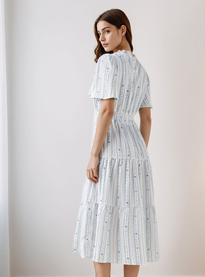 Tiered Midi Textured Viscose Dress with Flutter Sleeves-women-clothing-dresses-image-3