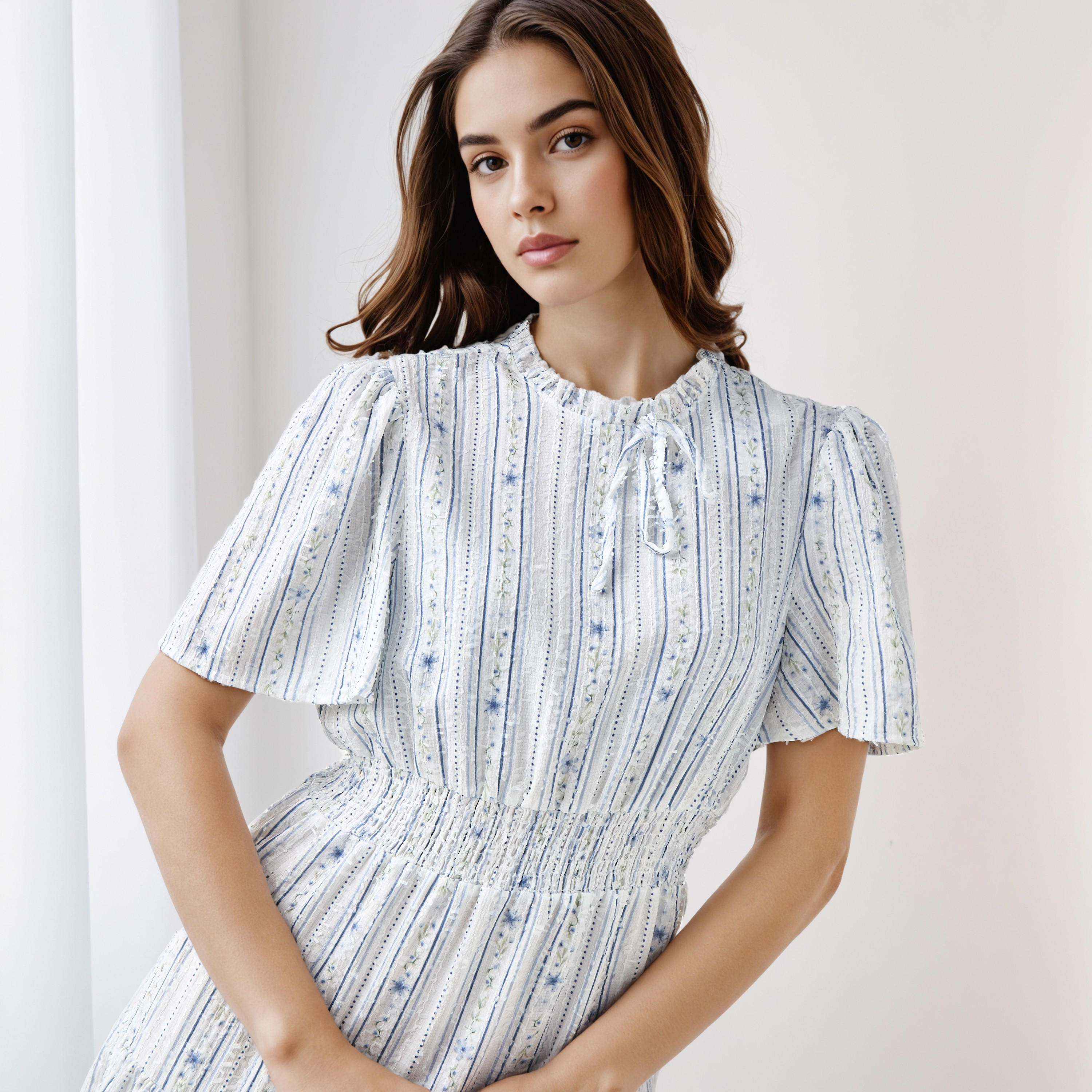 Tiered Midi Textured Viscose Dress with Flutter Sleeves-women-clothing-dresses-image-4